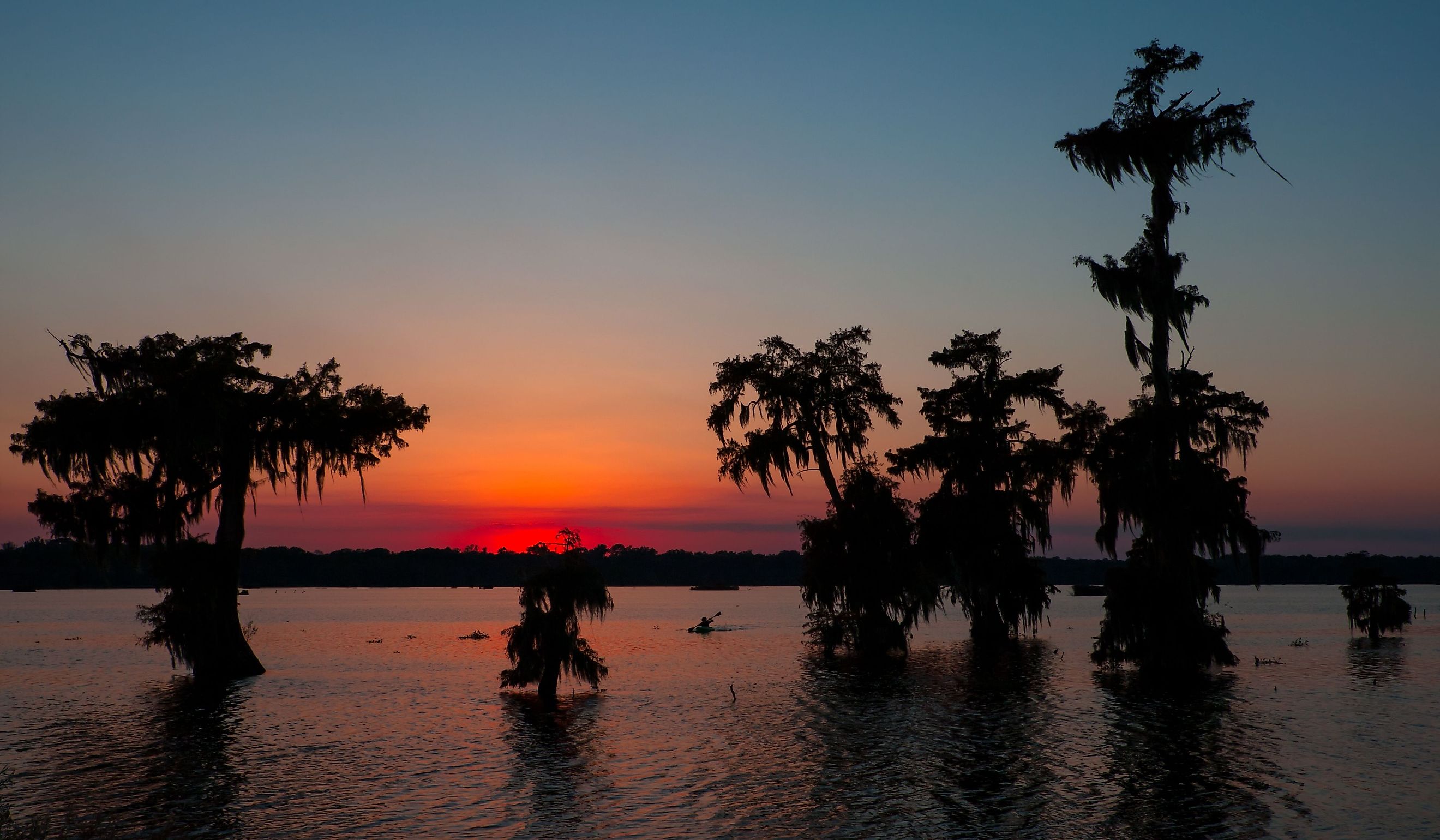 Kayaker coming in at Sunset - Lake Martin in Breaux Bridge, Louisiana.