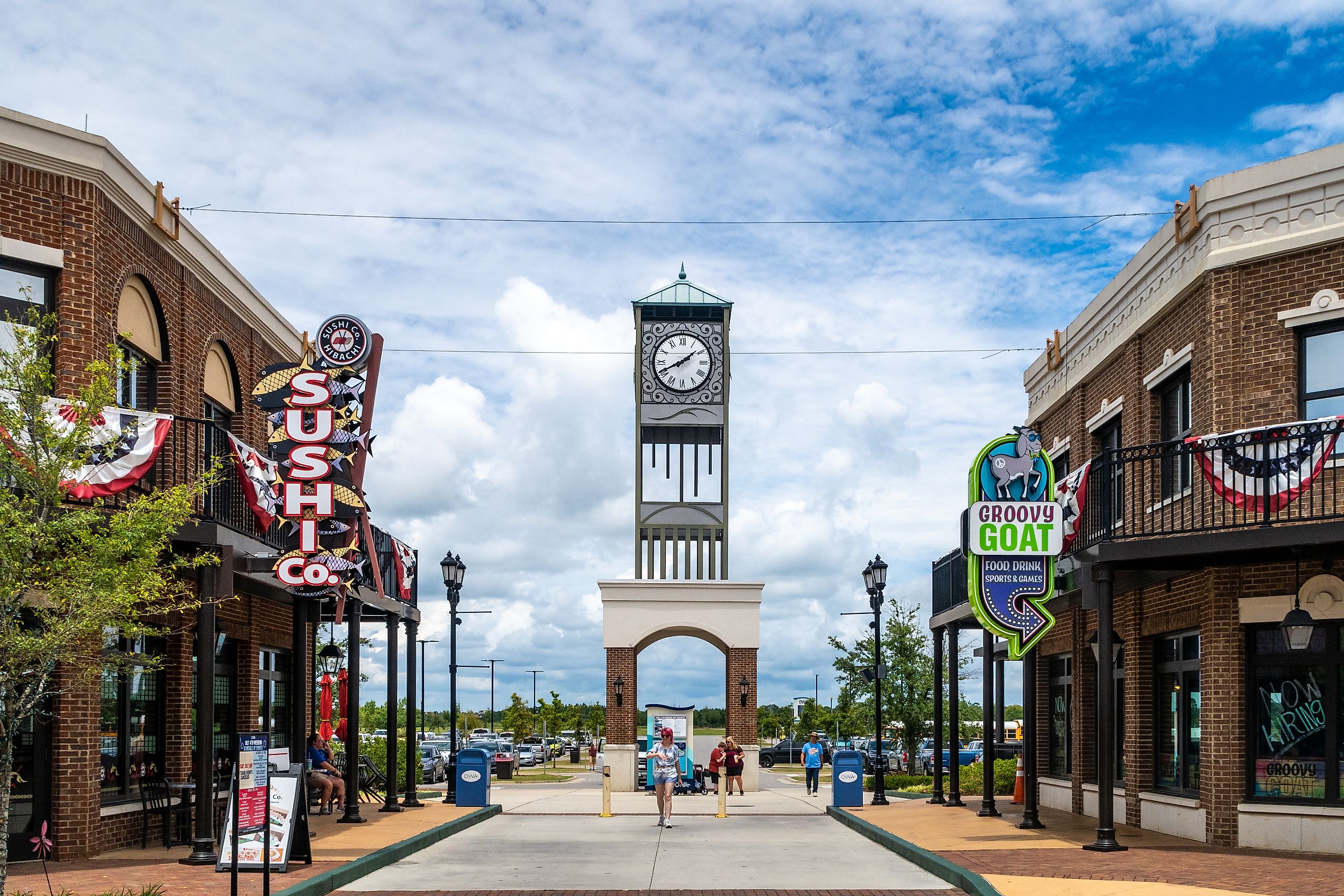 Plaza and clock tower in the town of Foley, Alabama. Editorial credit: BobNoah / Shutterstock.com