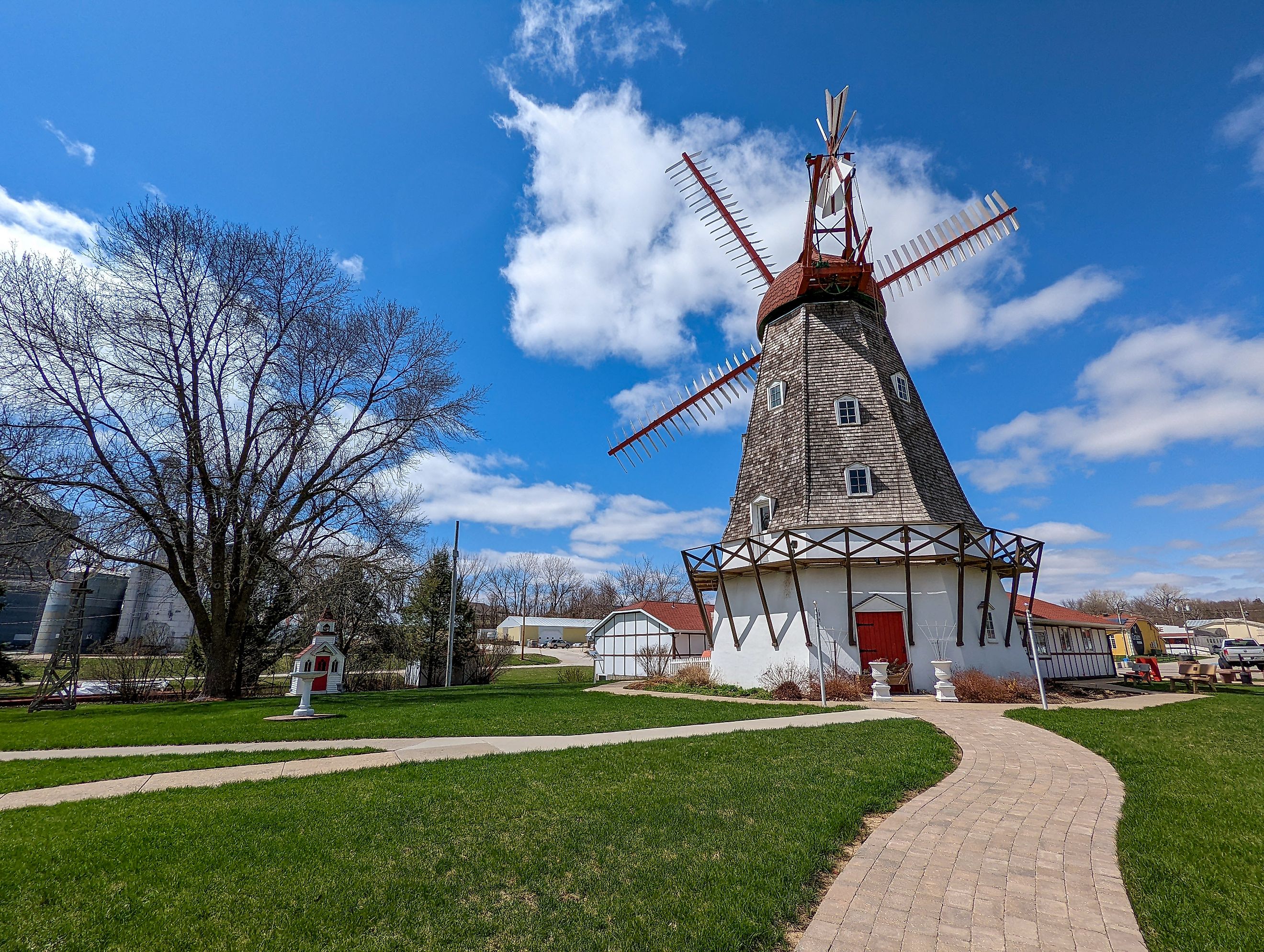 View of a rustic Danish windmill and walking path in the town of Elk Horn, Iowa.