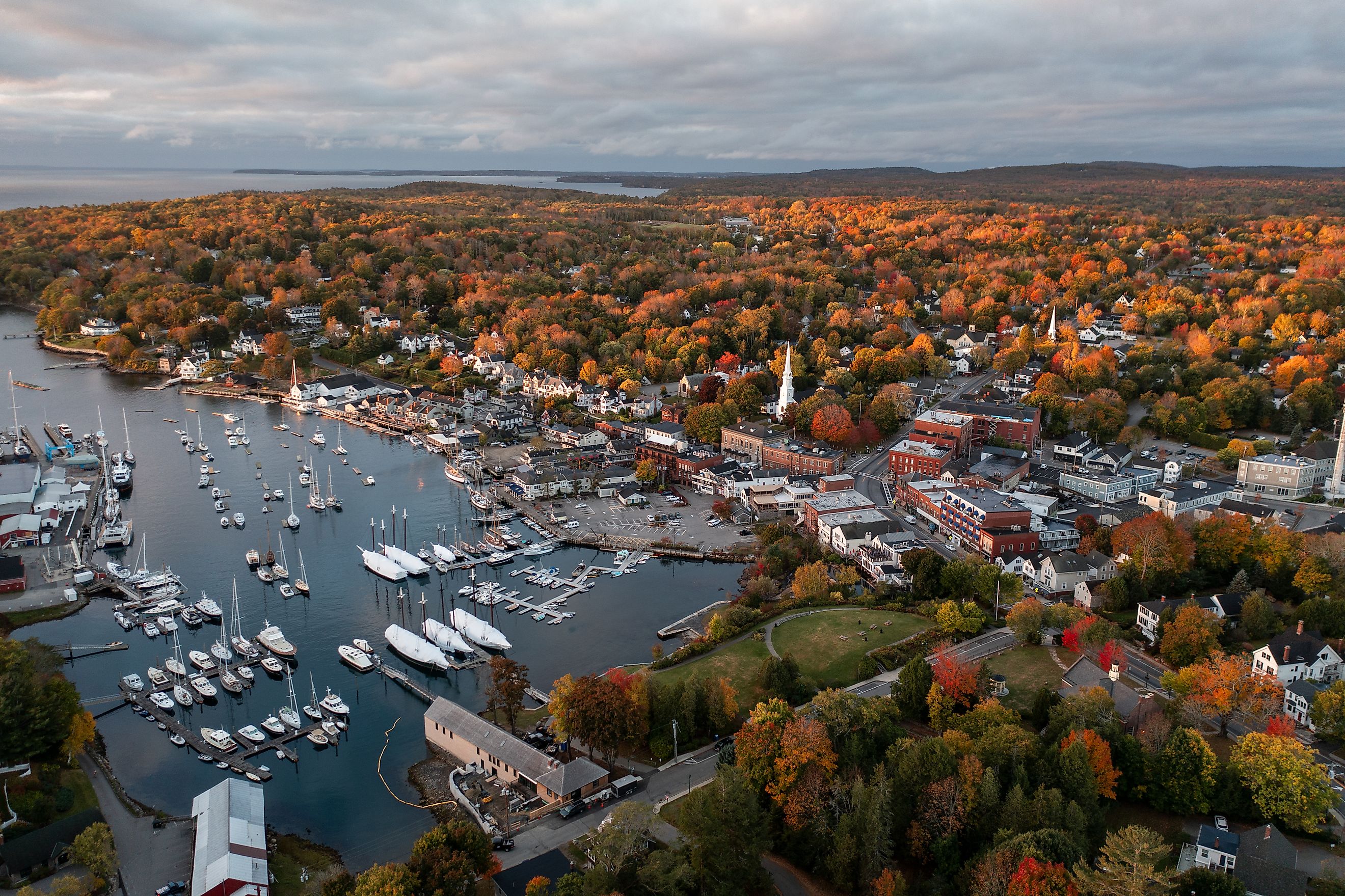 Panoramic view of Camden Harbor in Maine at sunrise during autumn.