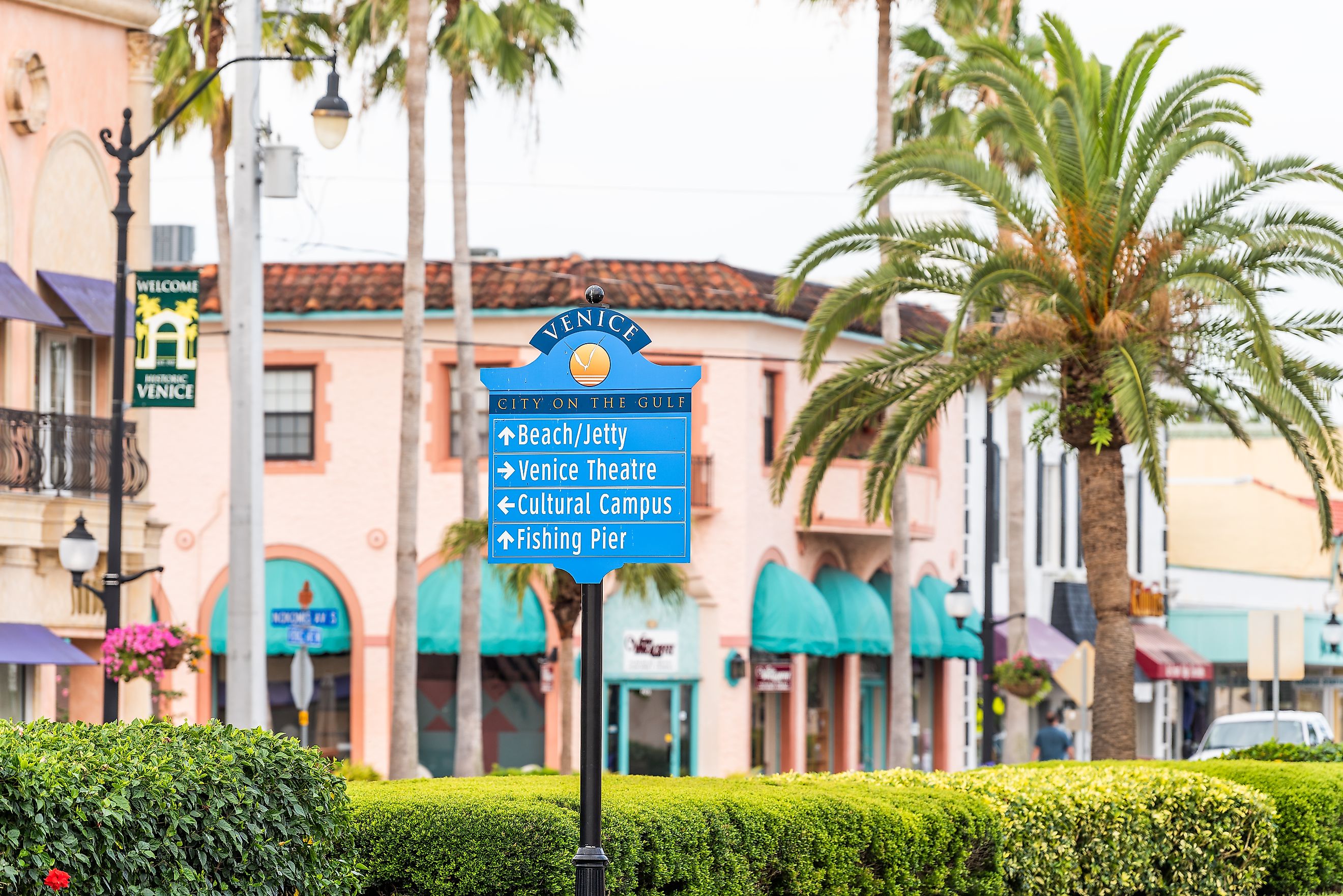 Sign in Venice, Florida retirement city, town, or village with colorful architecture, via Kristi Blokhin / Shutterstock.com