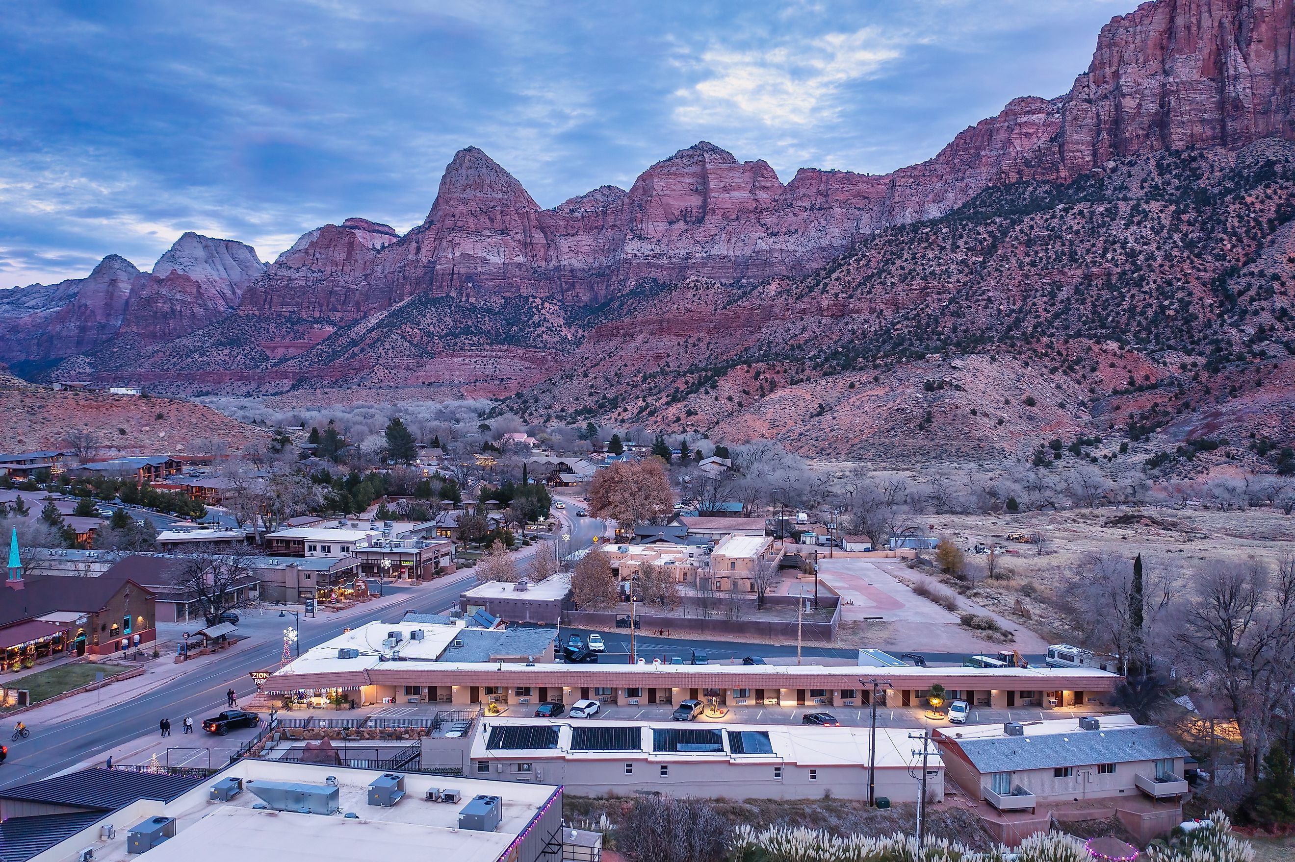 Aerial view of Springdale, Utah and the surrounding Zion National Park. Editorial credit: Manuela Durson / Shutterstock.com