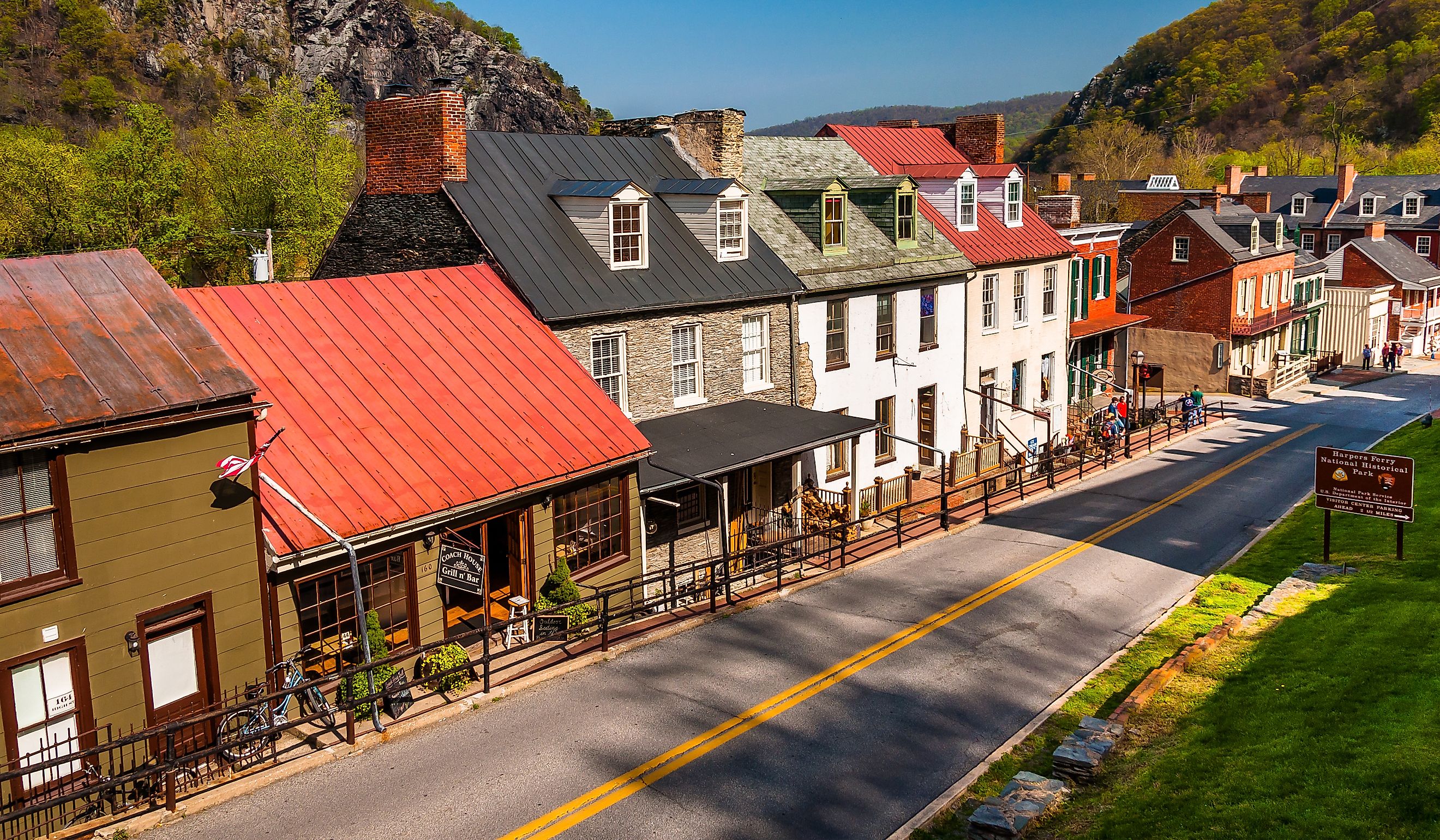 Historic buildings and shops on High Street in Harpers Ferry, West Virginia.