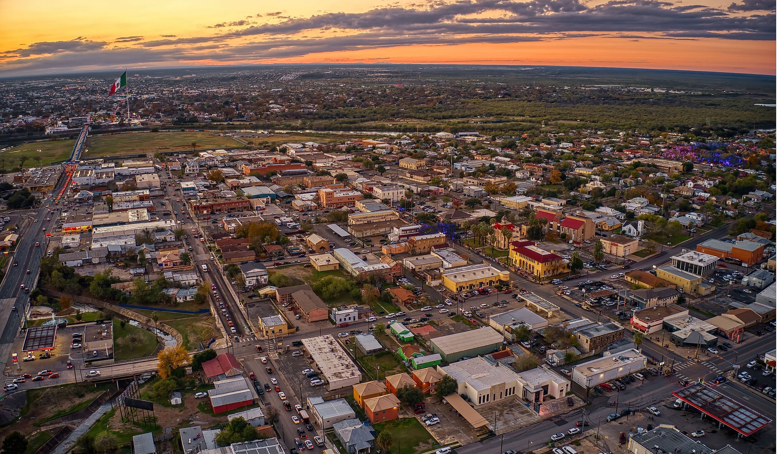 Aerial View of the popular Border Towns of Eagle Pass, Texas and Piedras Negras, Coahuila at Sunset