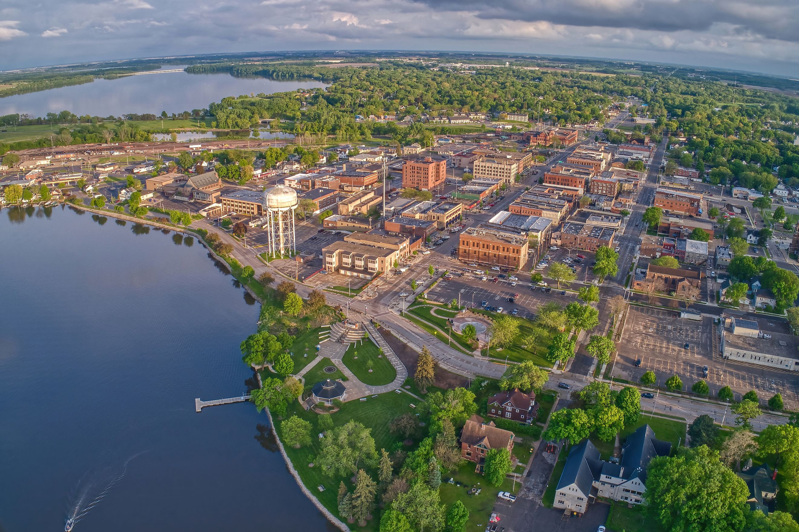 Aerial View of Downtown Albert Lea, Minnesota at Dusk in Summer