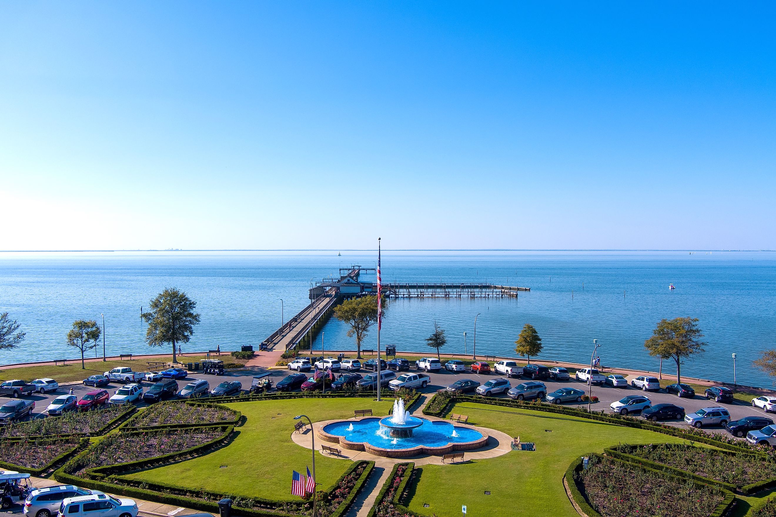Aerial view of the Fairhope, Alabama Municipal Pier on the eastern shore of Mobile Bay