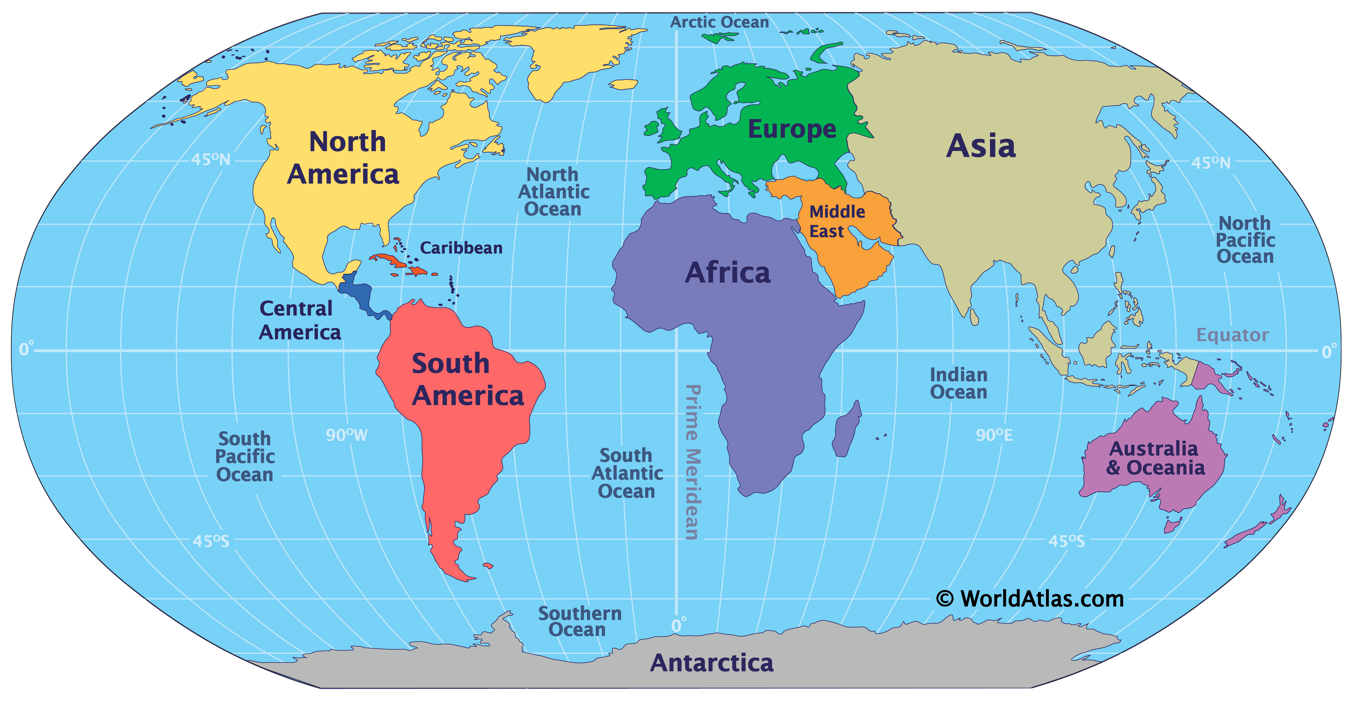 map of the world, including the five oceans: pacific, atlantic, indian, southern, arctic