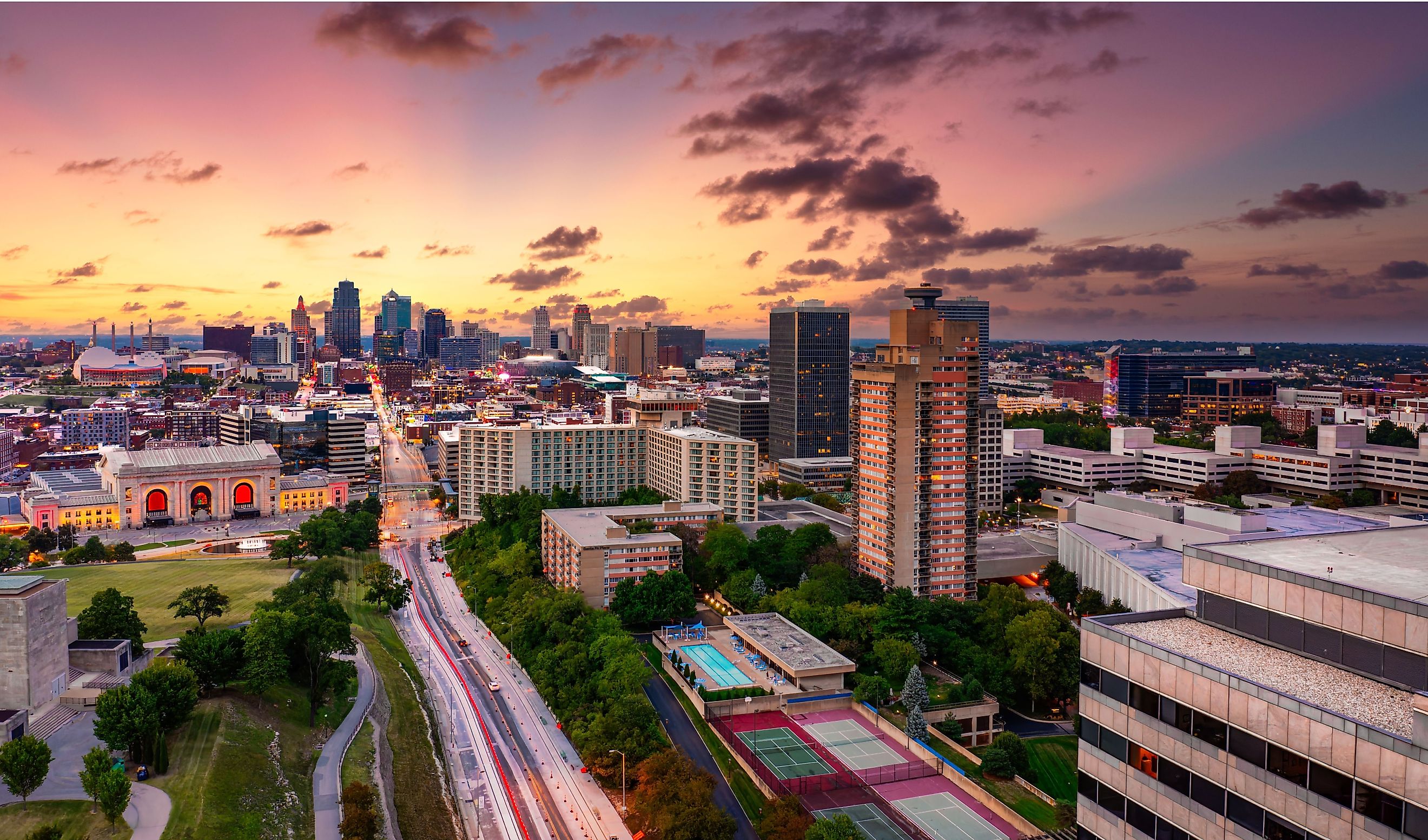 Aerial view of Kansas City, Missouri, skyline at dusk, viewed from Penn Valley Park. 