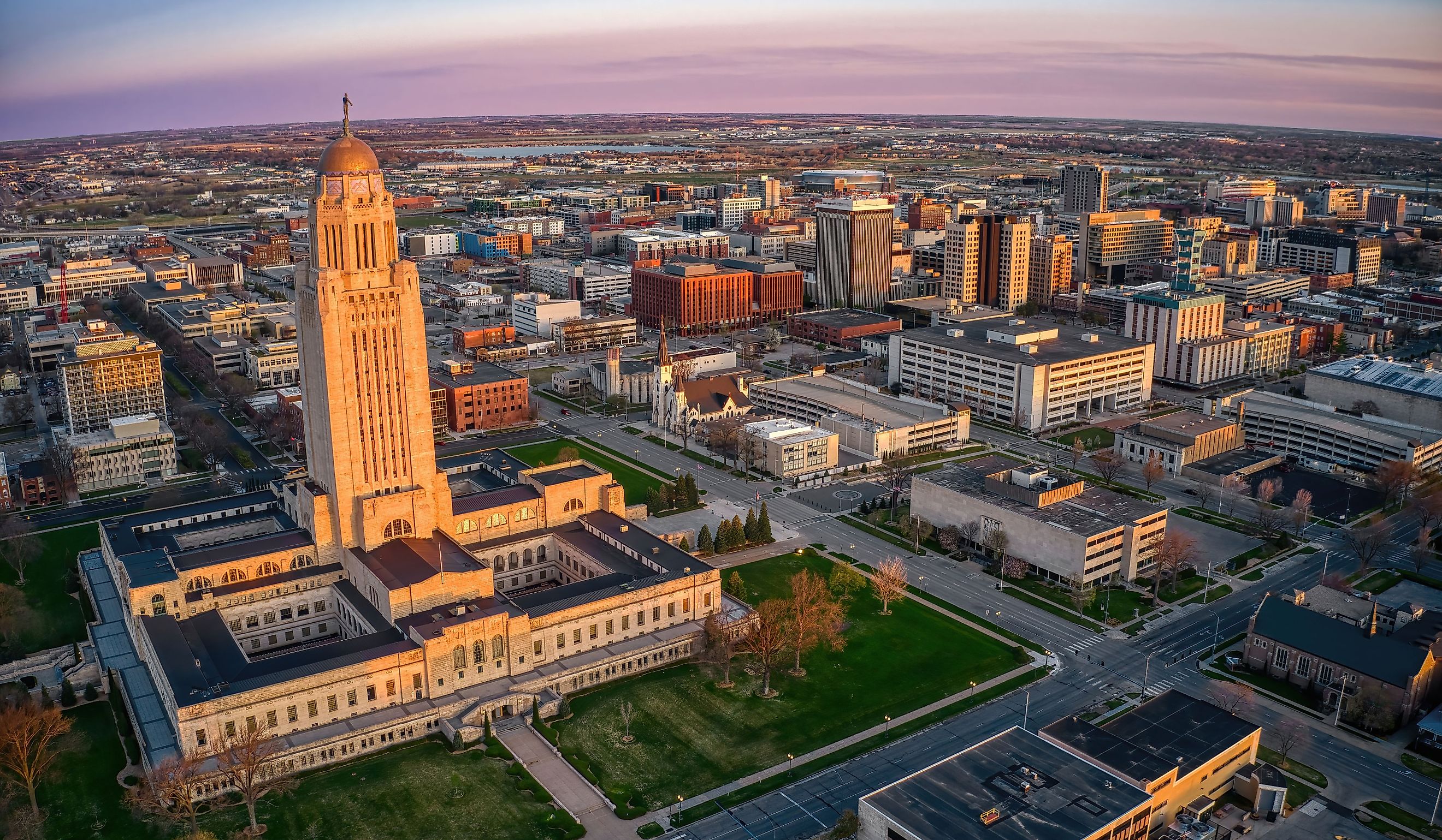 Aerial View of Downtown Lincoln, Nebraska at Twilight.