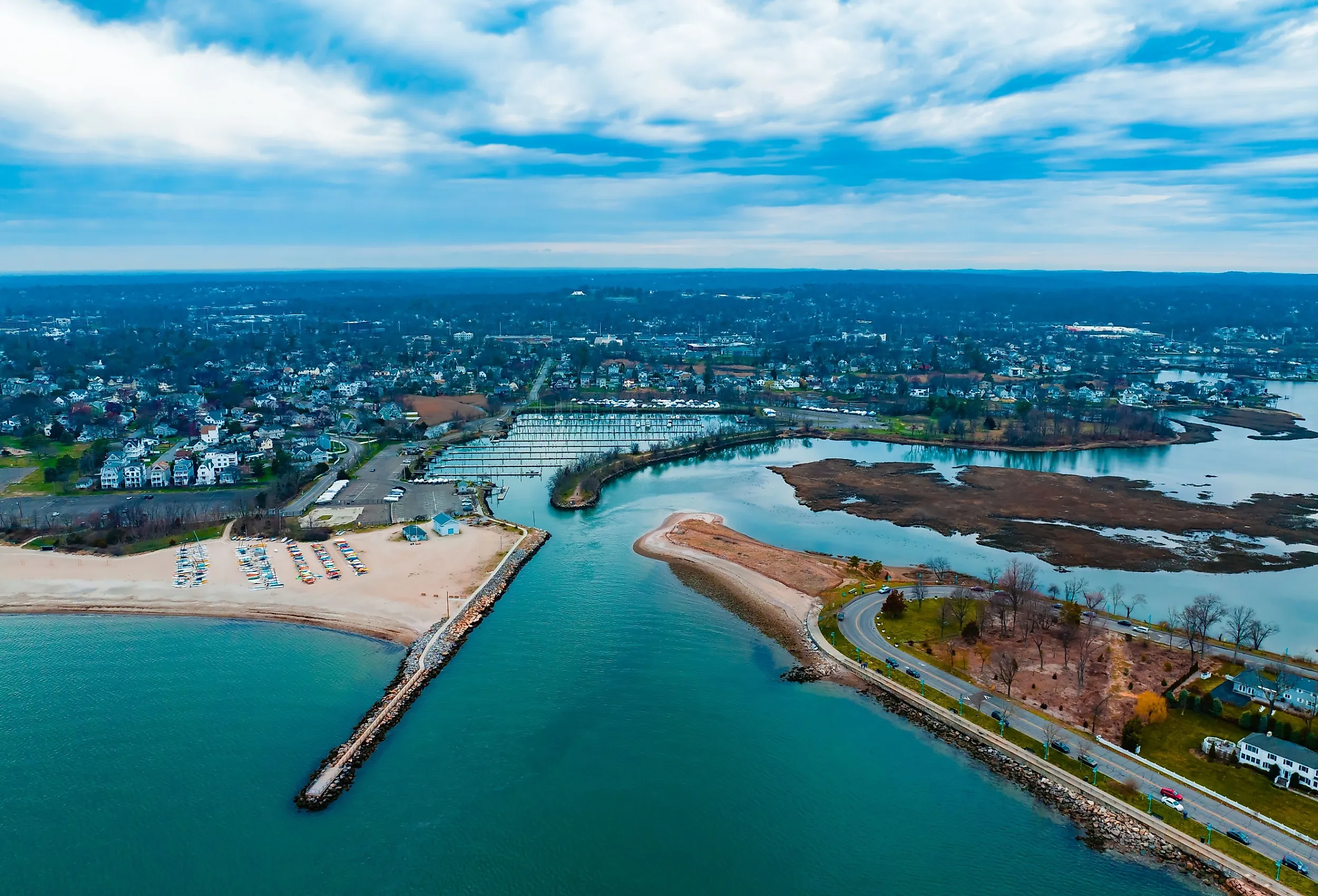 Drone view of entrance to Ash Creek Harbor Fairfield Black Rock, Connecticut.