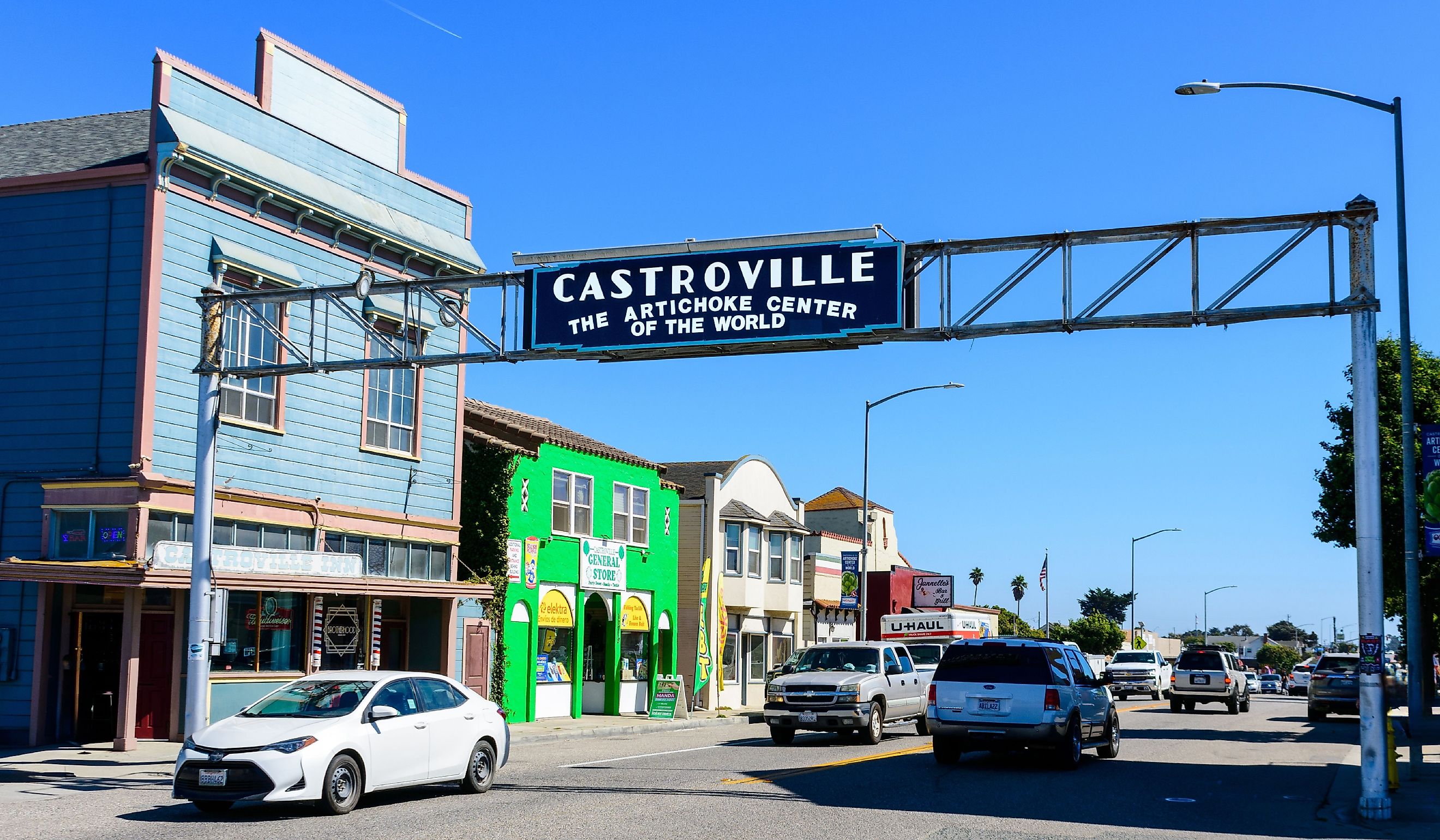 Castroville welcome arch with city nickname The Artichoke Center of the World over Merritt street. Editorial credit: Michael Vi / Shutterstock.com