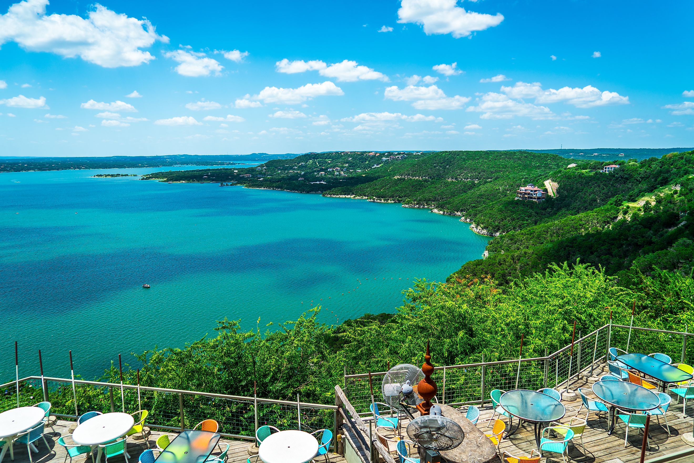 Green summer landscape at Travis Lake, showcasing the serene beauty of the central Texas Hill Country outside Austin.