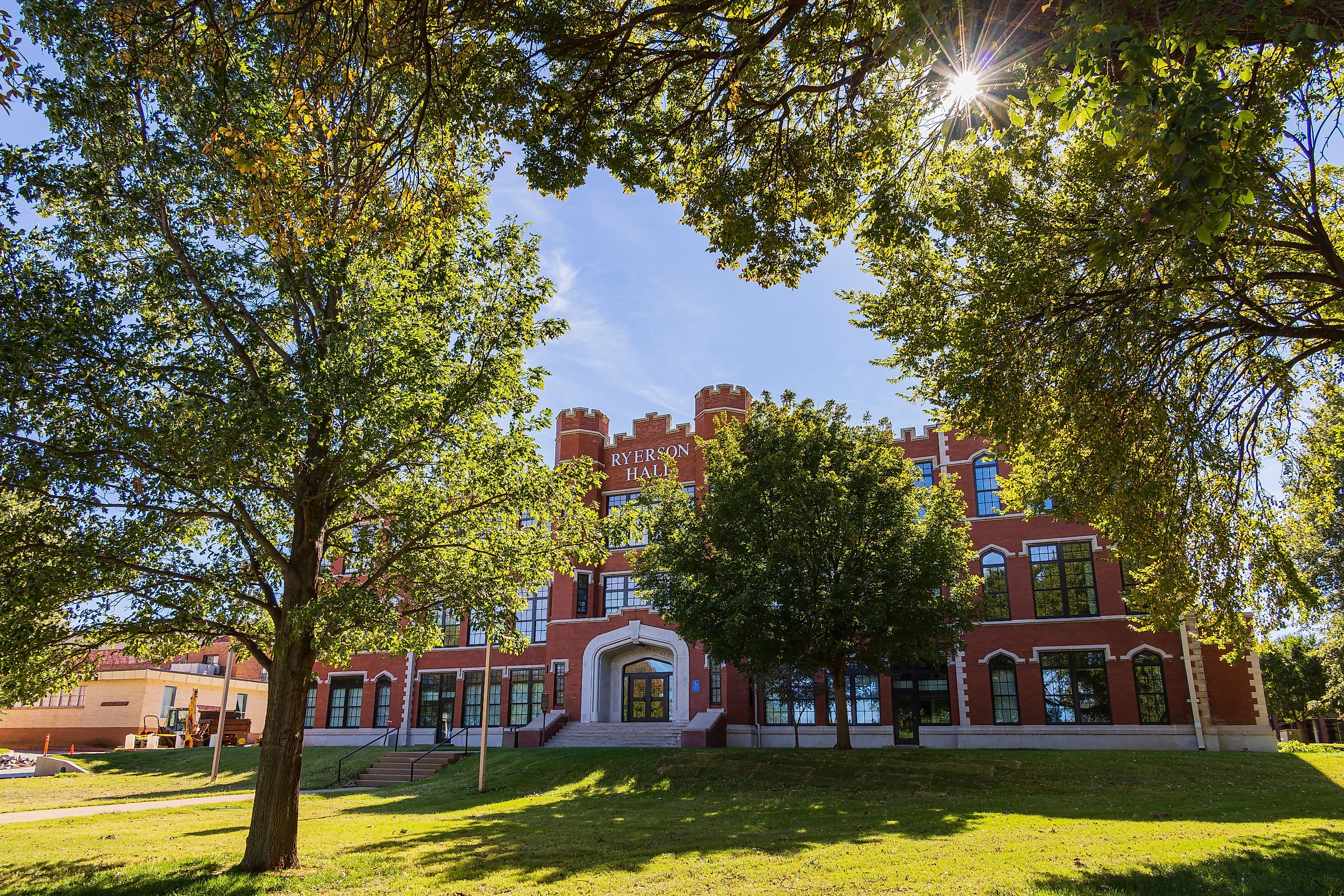 View of foliage in and around Ryerson Hall in Northwestern Oklahoma State University in Alva, Oklahoma.