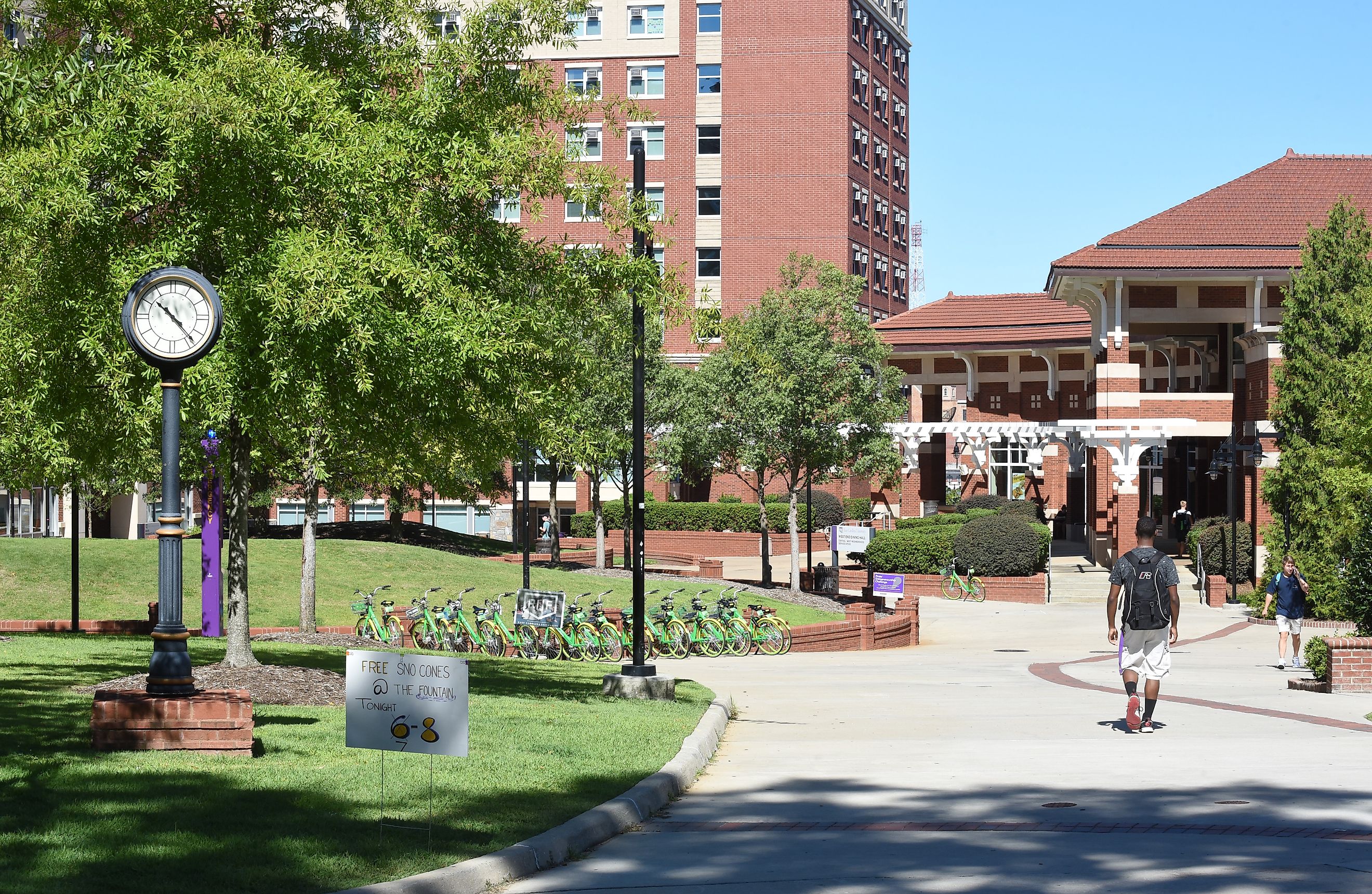 A look towards the west end dorms and dining hall on ECU's campus. Editorial credit: Sharkshock / Shutterstock.com