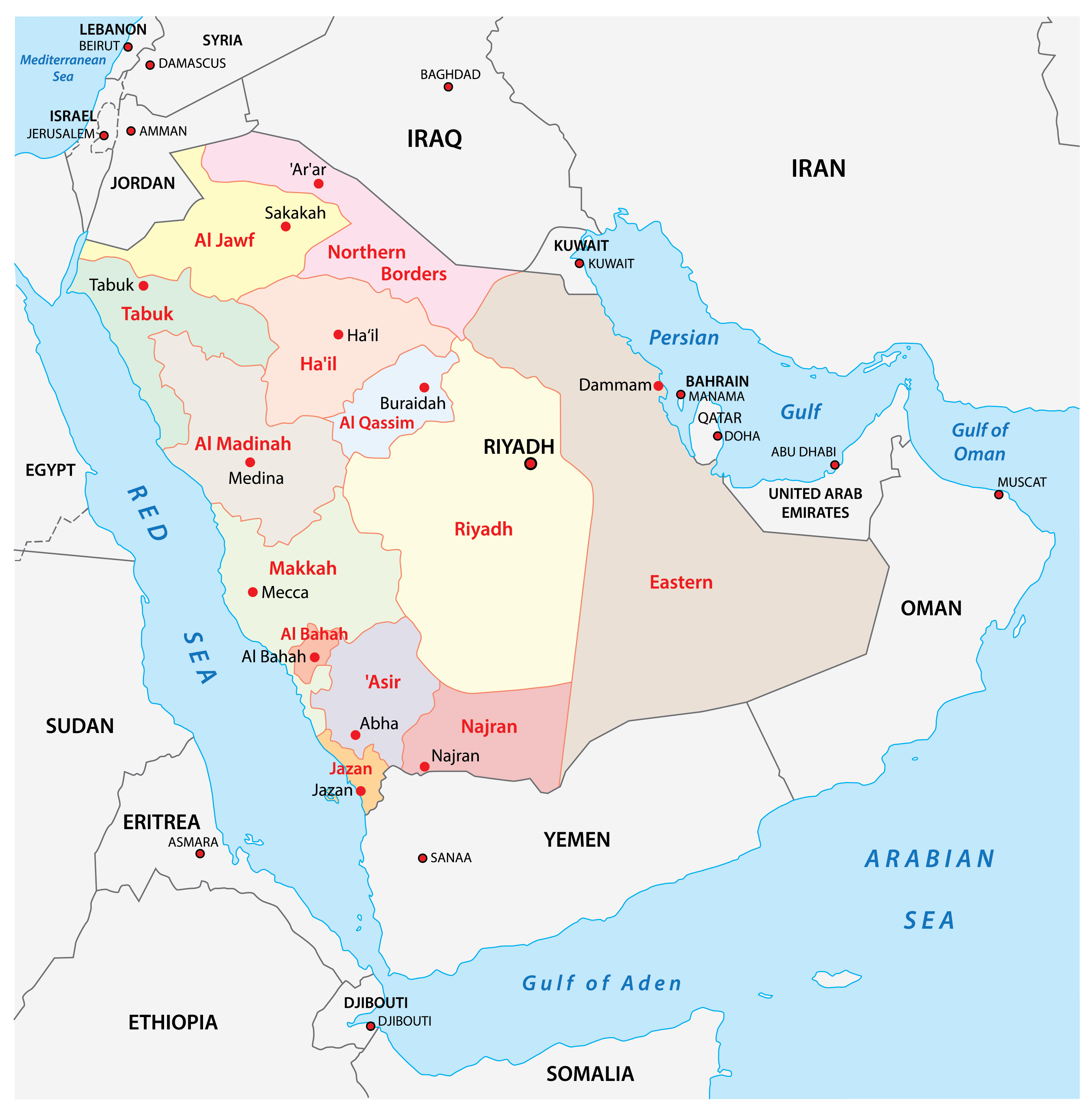 Provinces Or Emirates Map Of Saudi Arabia 