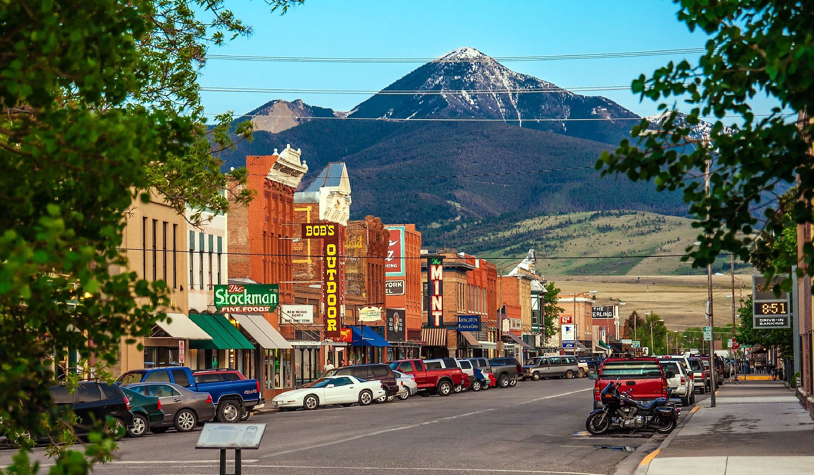 Historic centre of Livingston. Even in the summer time there is snow at the hill behind the city. Editorial credit: Nick Fox / Shutterstock.com