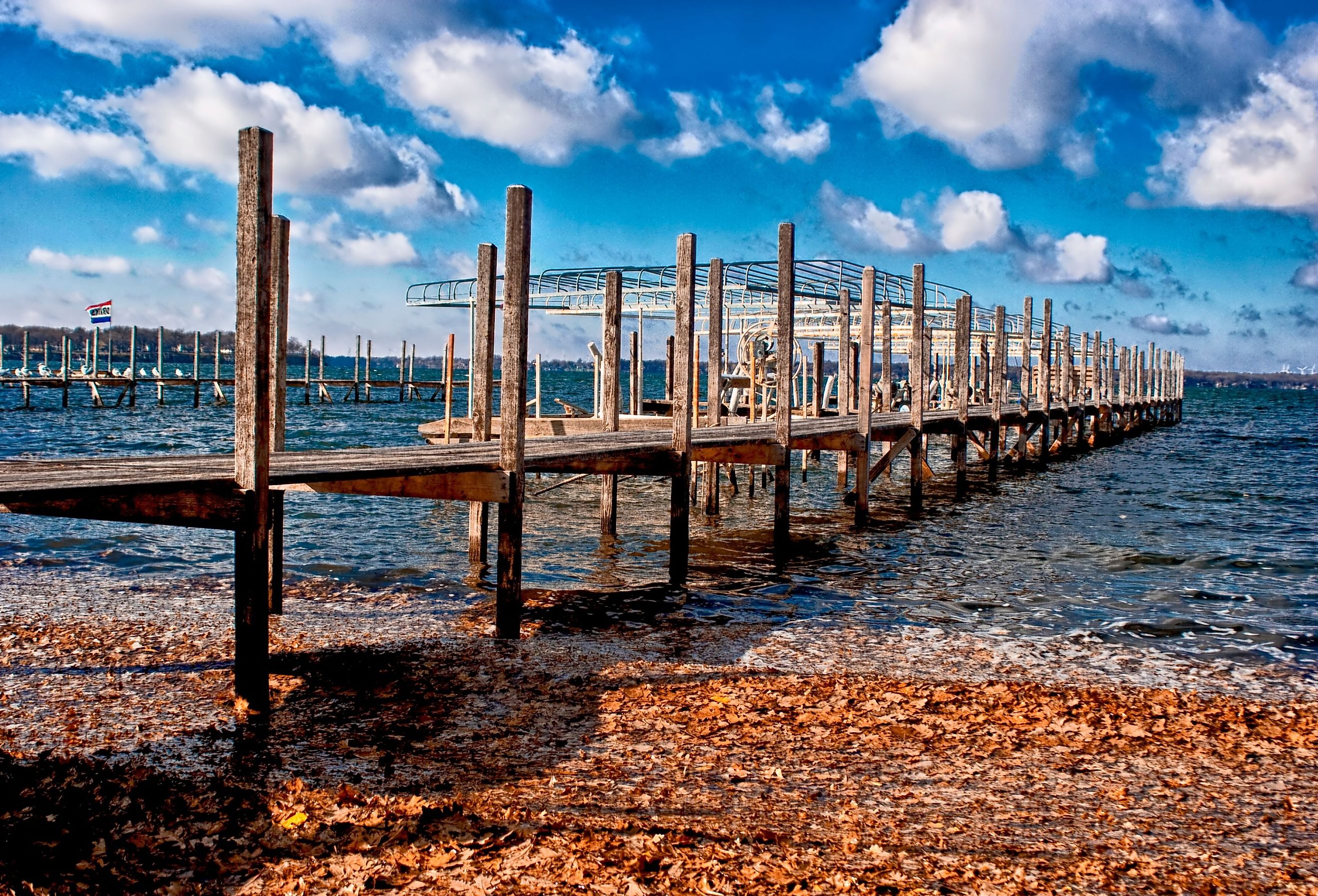 A dock on West Lake Okoboji during the fall.