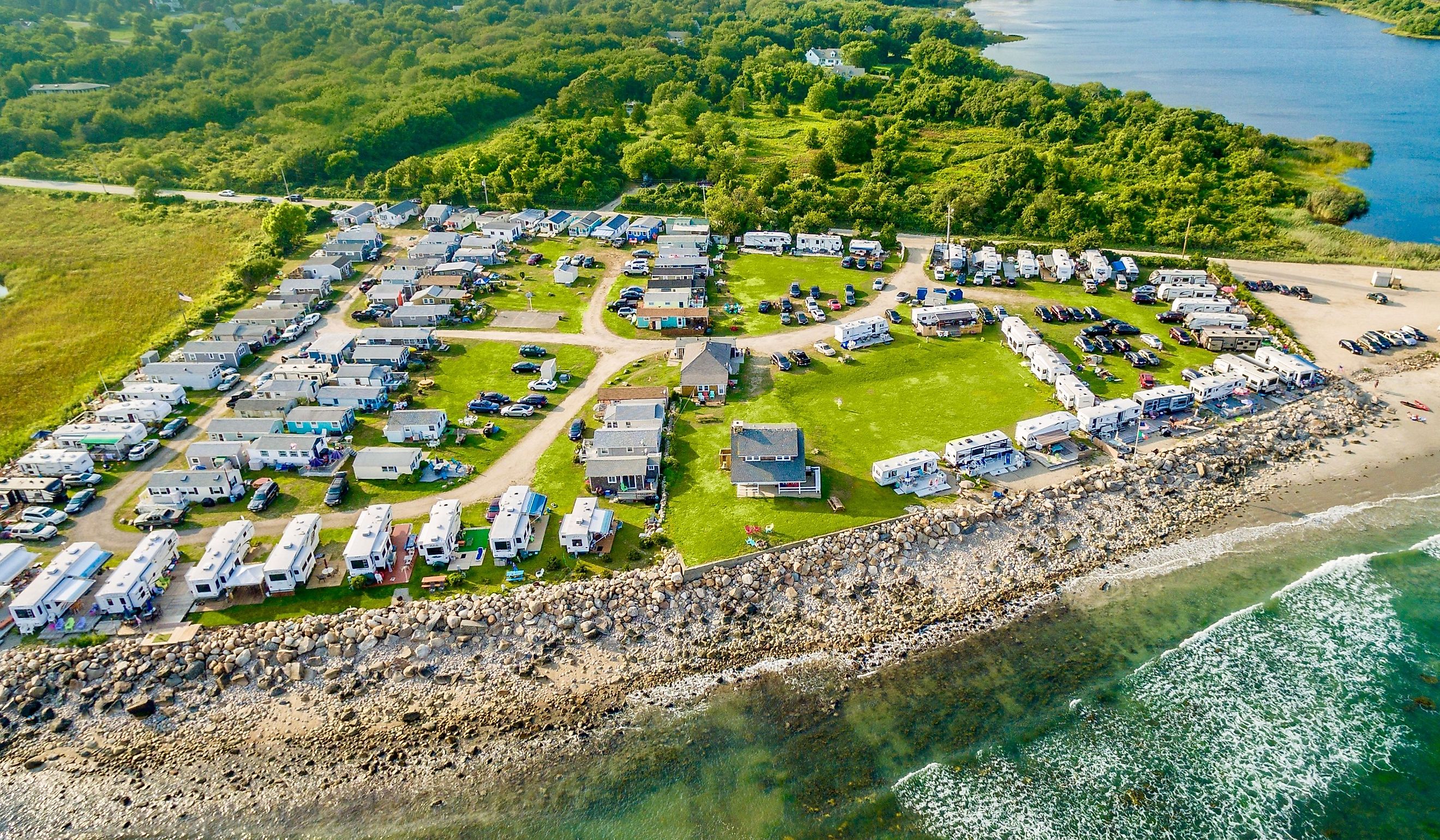 Aerial view of the beachfront campground in Little Compton, Rhode Island.