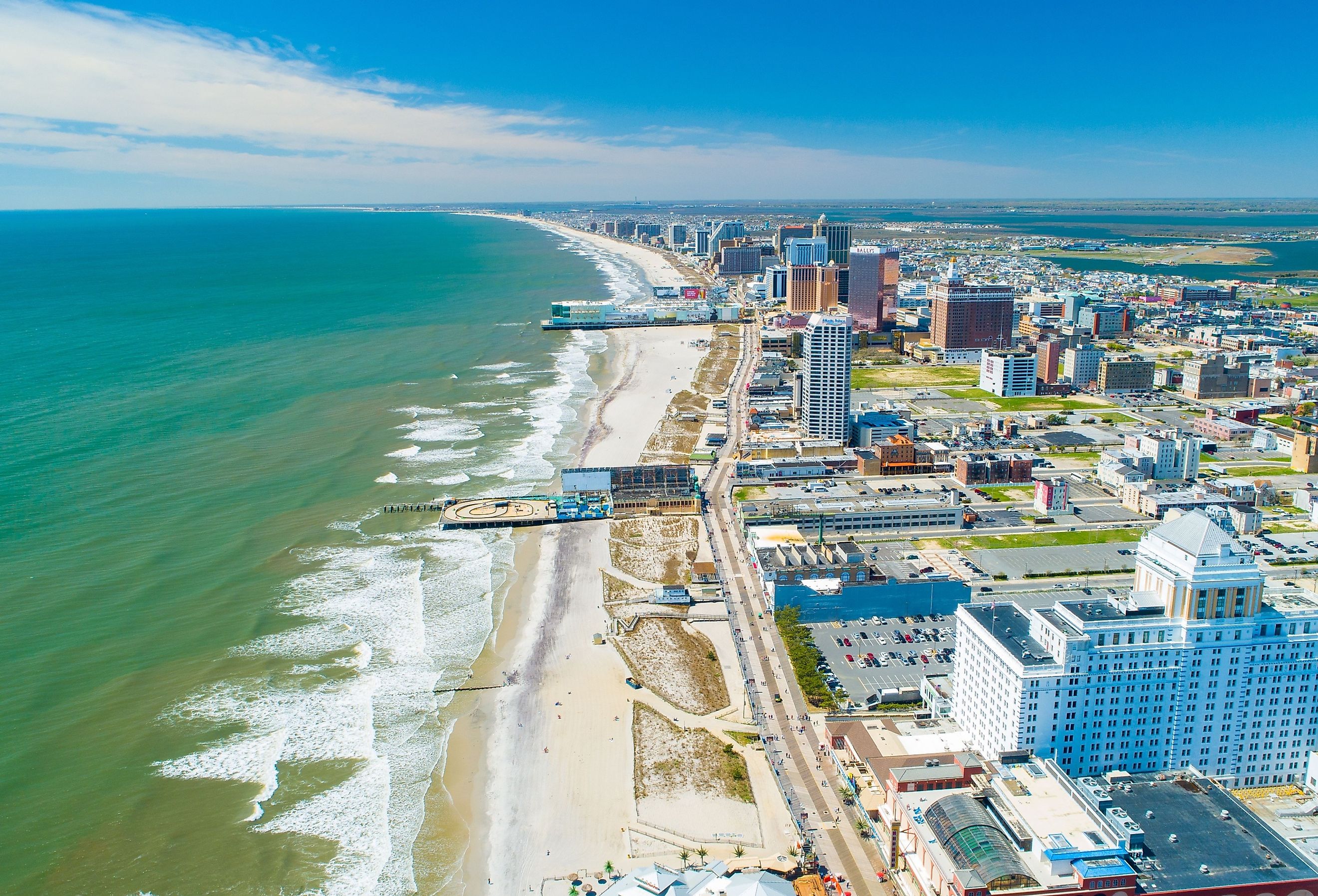 Aerial view of Atlantic City's boardwalk and Steel Pier. 