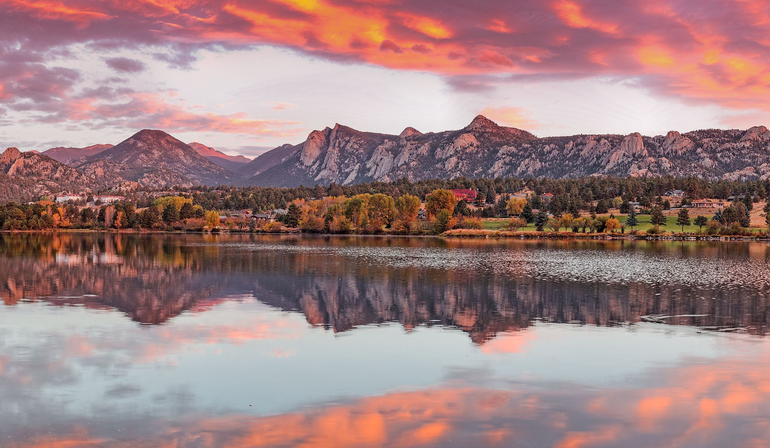 Fiery Sunrise and Alpenglow over Estes Park - Rocky Mountain National Park, Estes Park, Colorado.