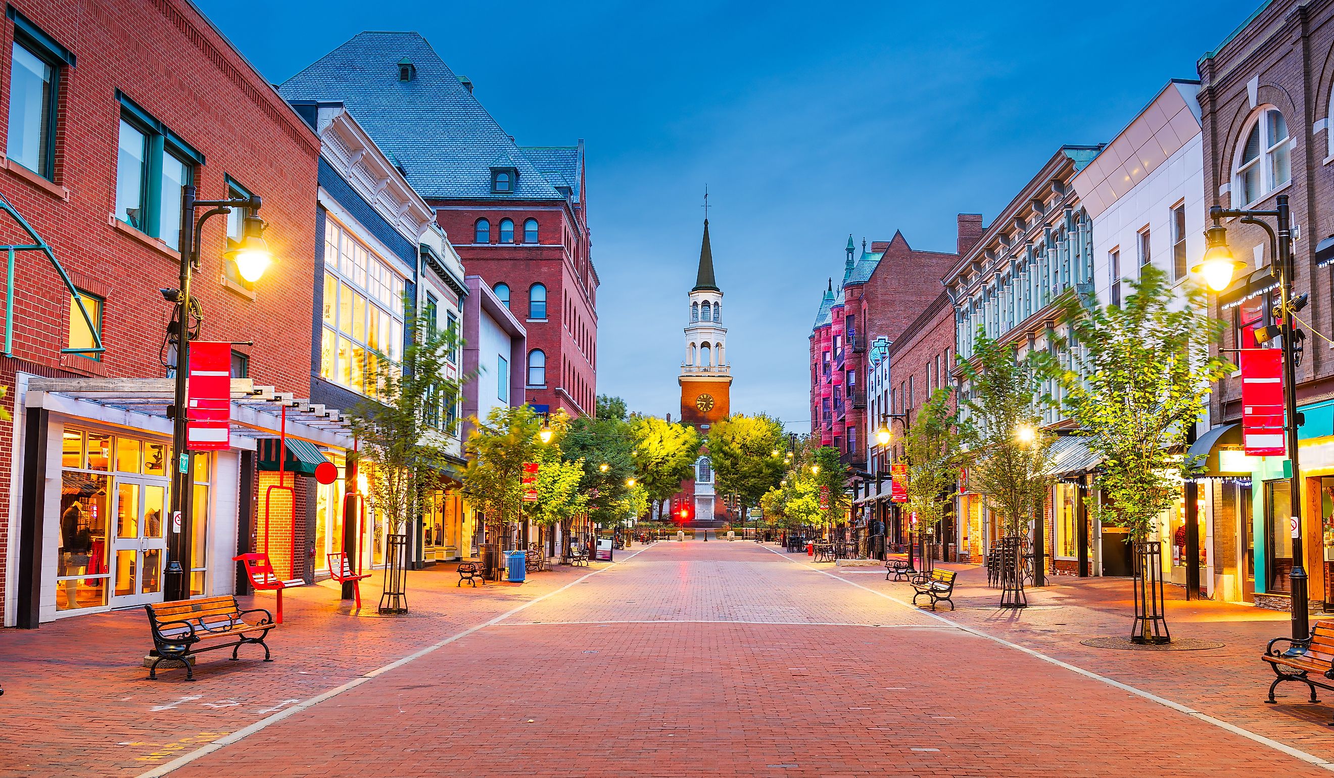 Burlington, Vermont, USA at Church Street Marketplace at twilight.