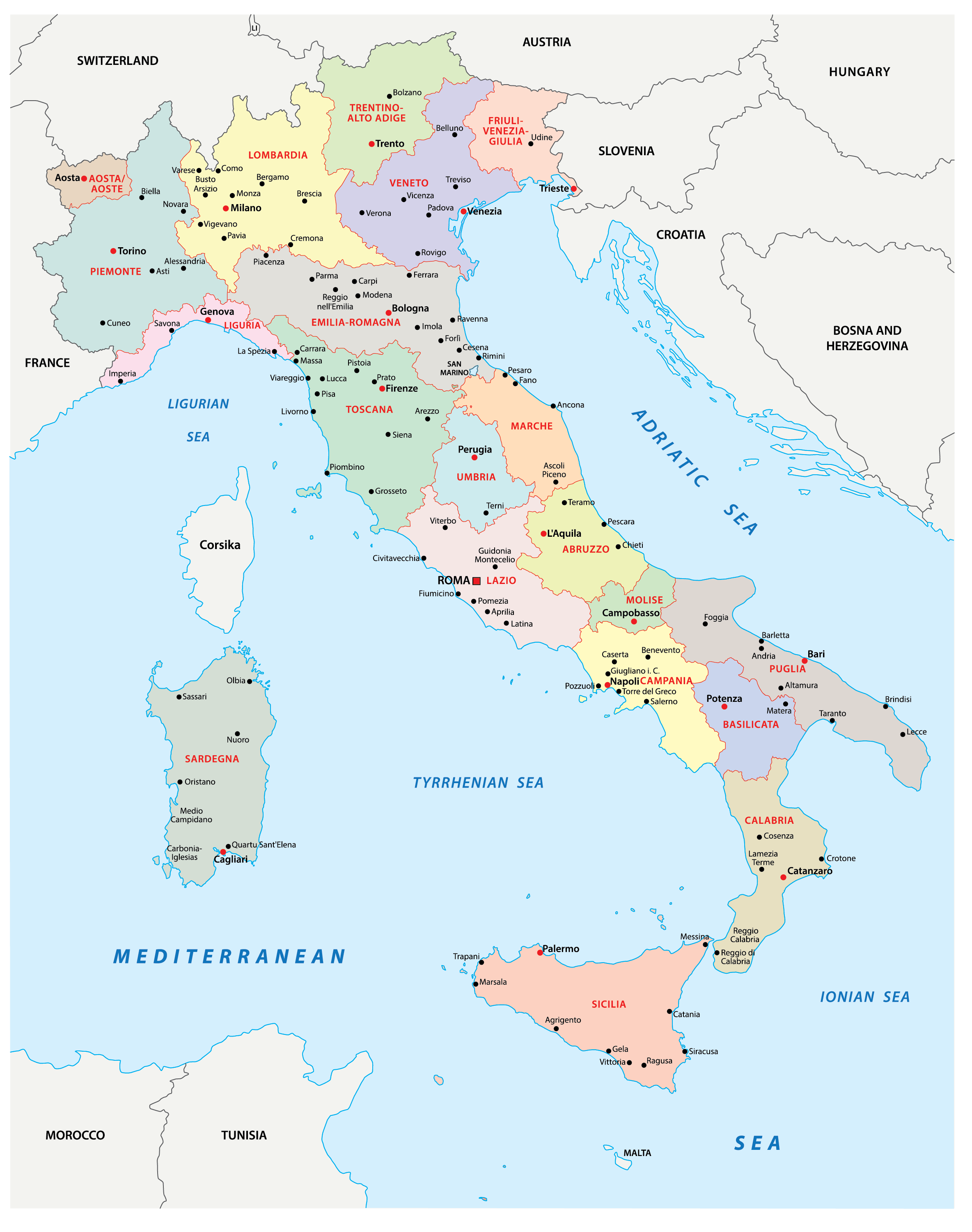Italian Regions and Regional Capitals Map - Regions of Italy