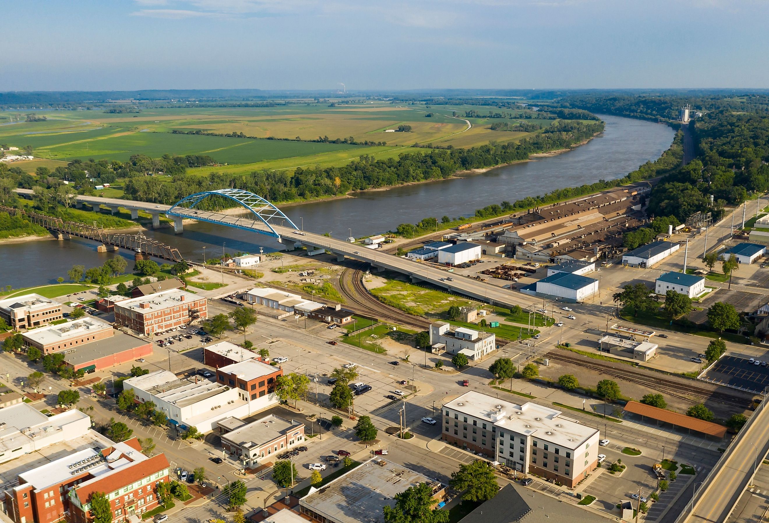 Aerial view over downtown city center of Atchison Kansas in the mid-morning light.