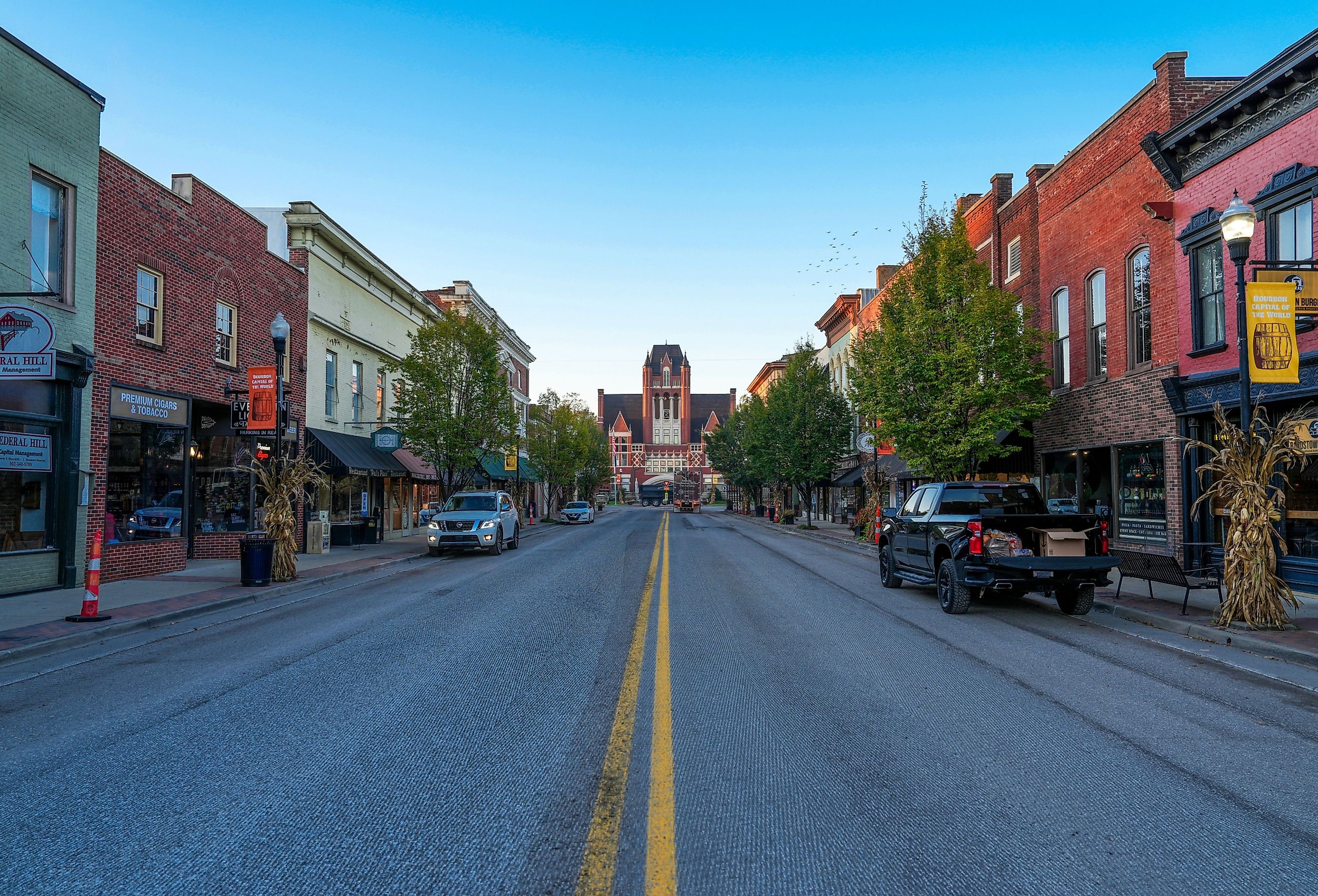 Brick buildings along the main street in Bardstown Kentucky. Image credit Jason Busa via Shutterstock.