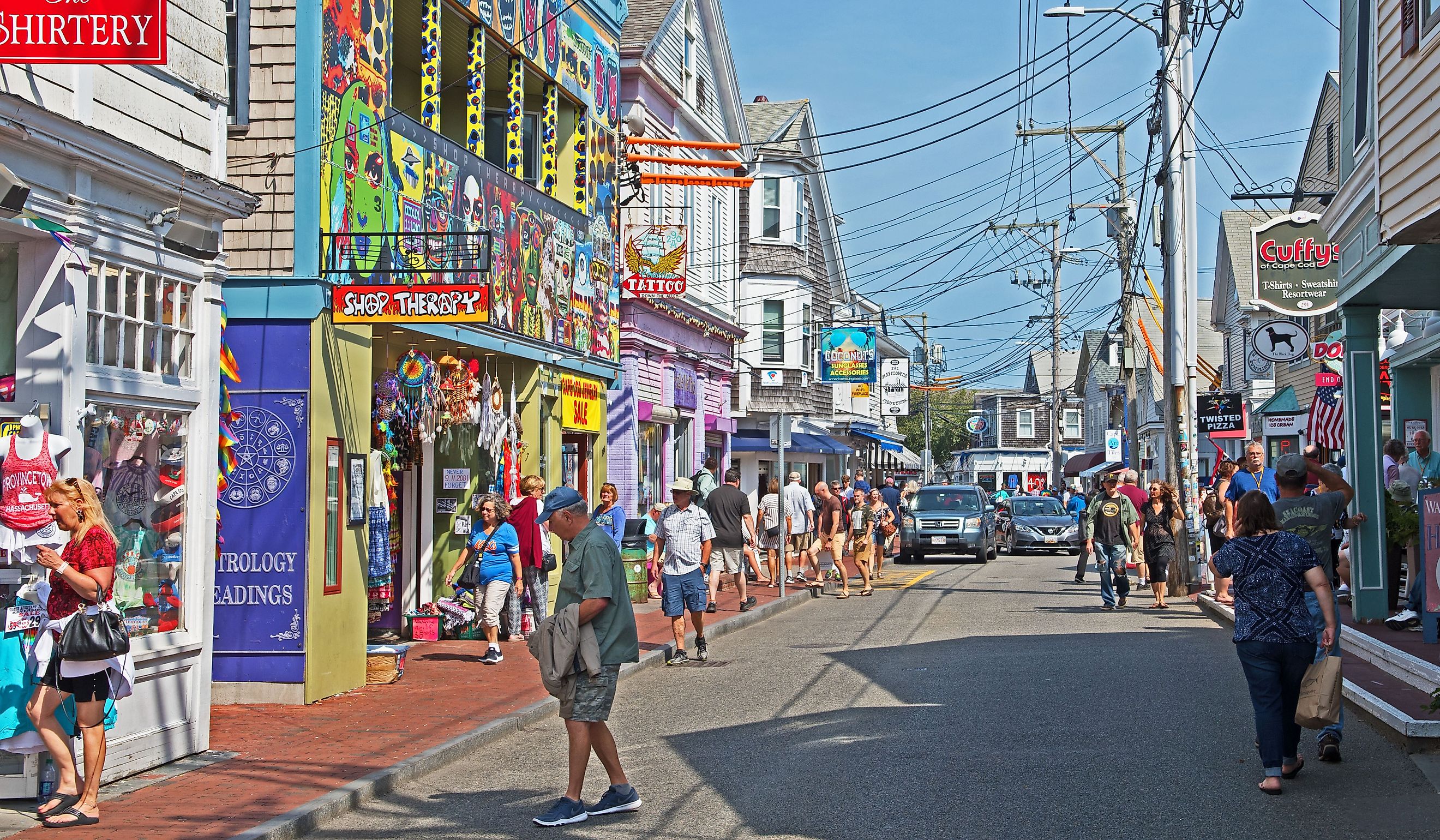 Commercial Street in Provincetown is home to a very eclectic range of stores, cafes and restaurants. Editorial credit: Mystic Stock Photography / Shutterstock.com