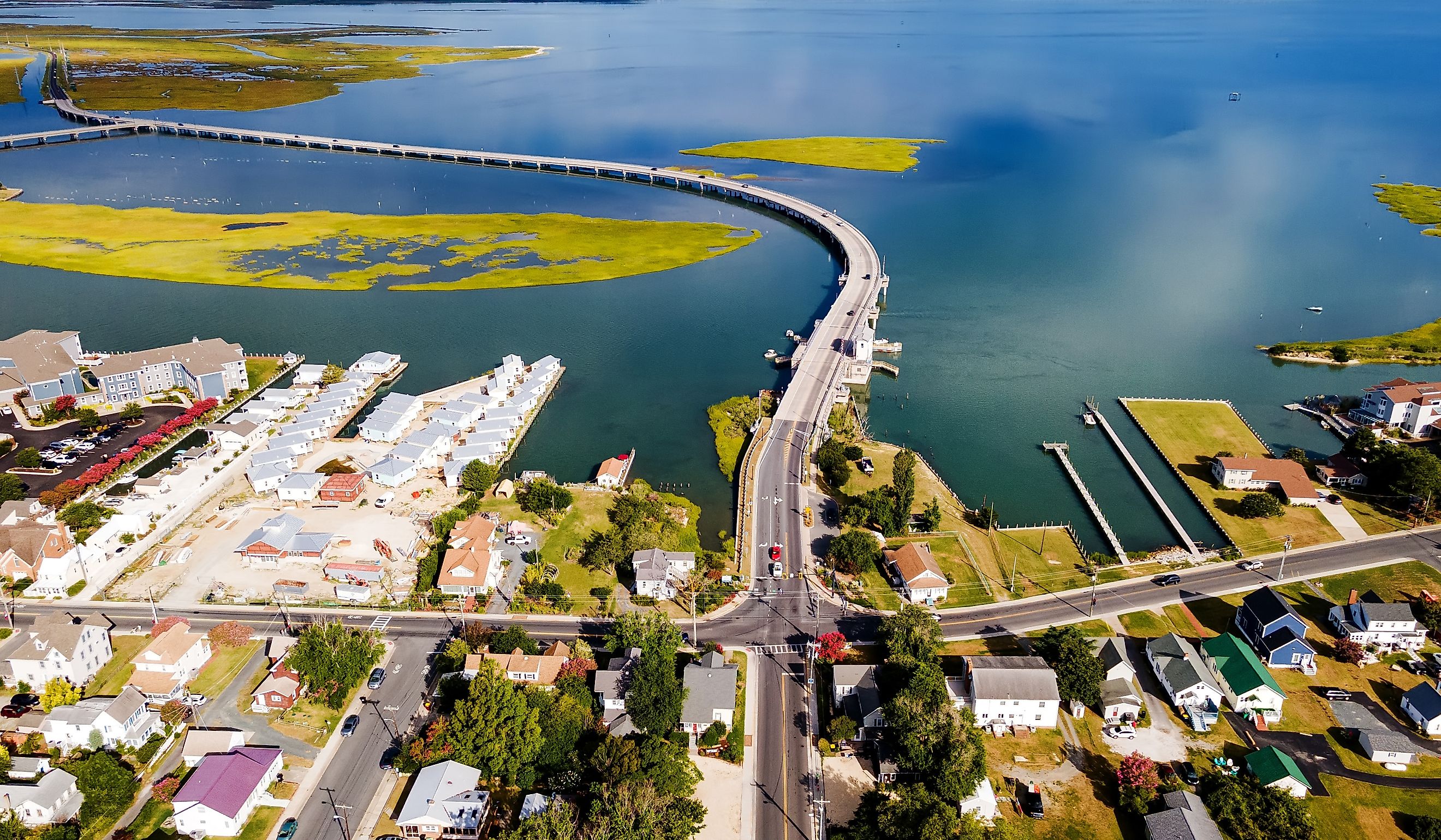 Chincoteague bridge across the Chincoteague Bay in Virginia and views of the waterfront.