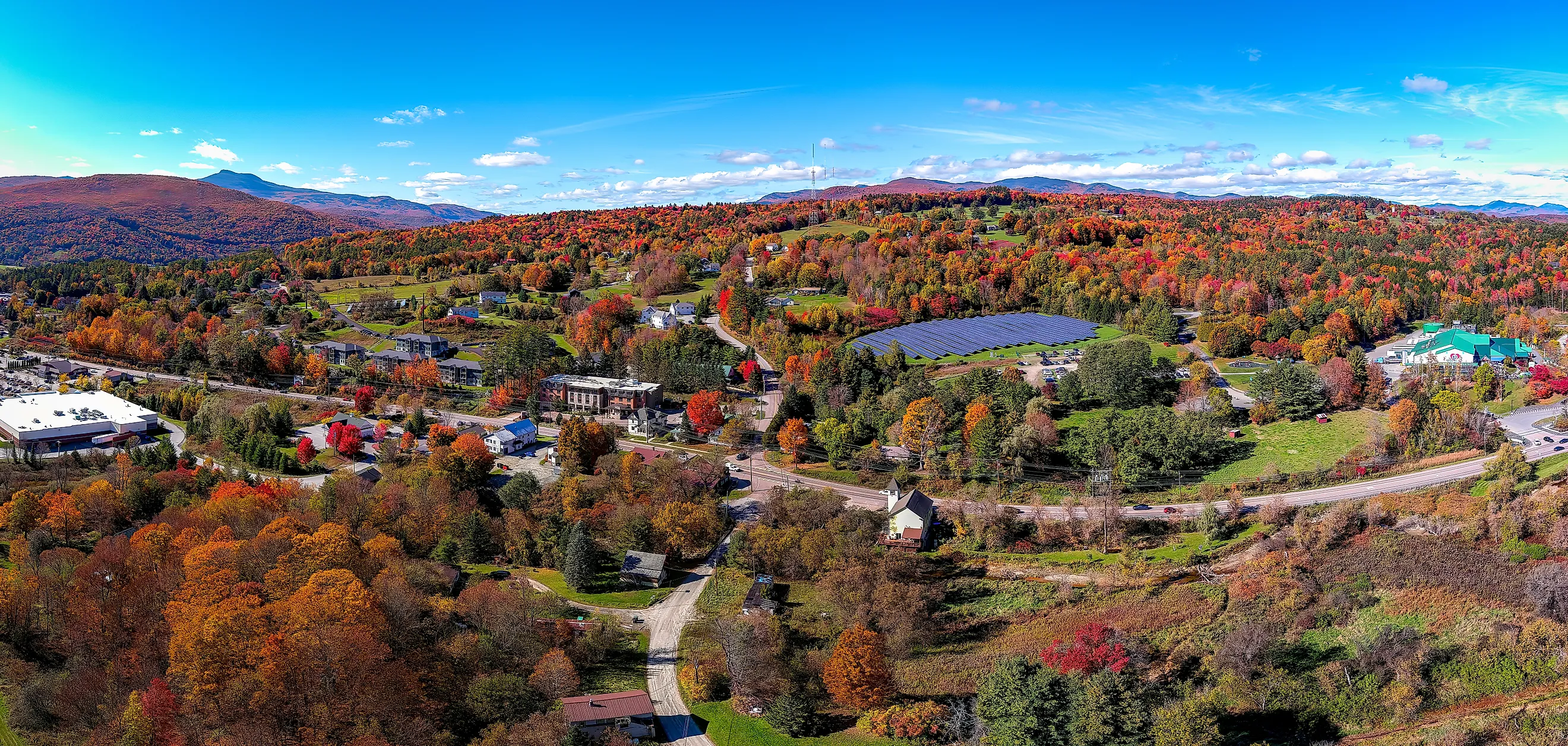 Aerial view of Waterbury in Vermont during autumn.