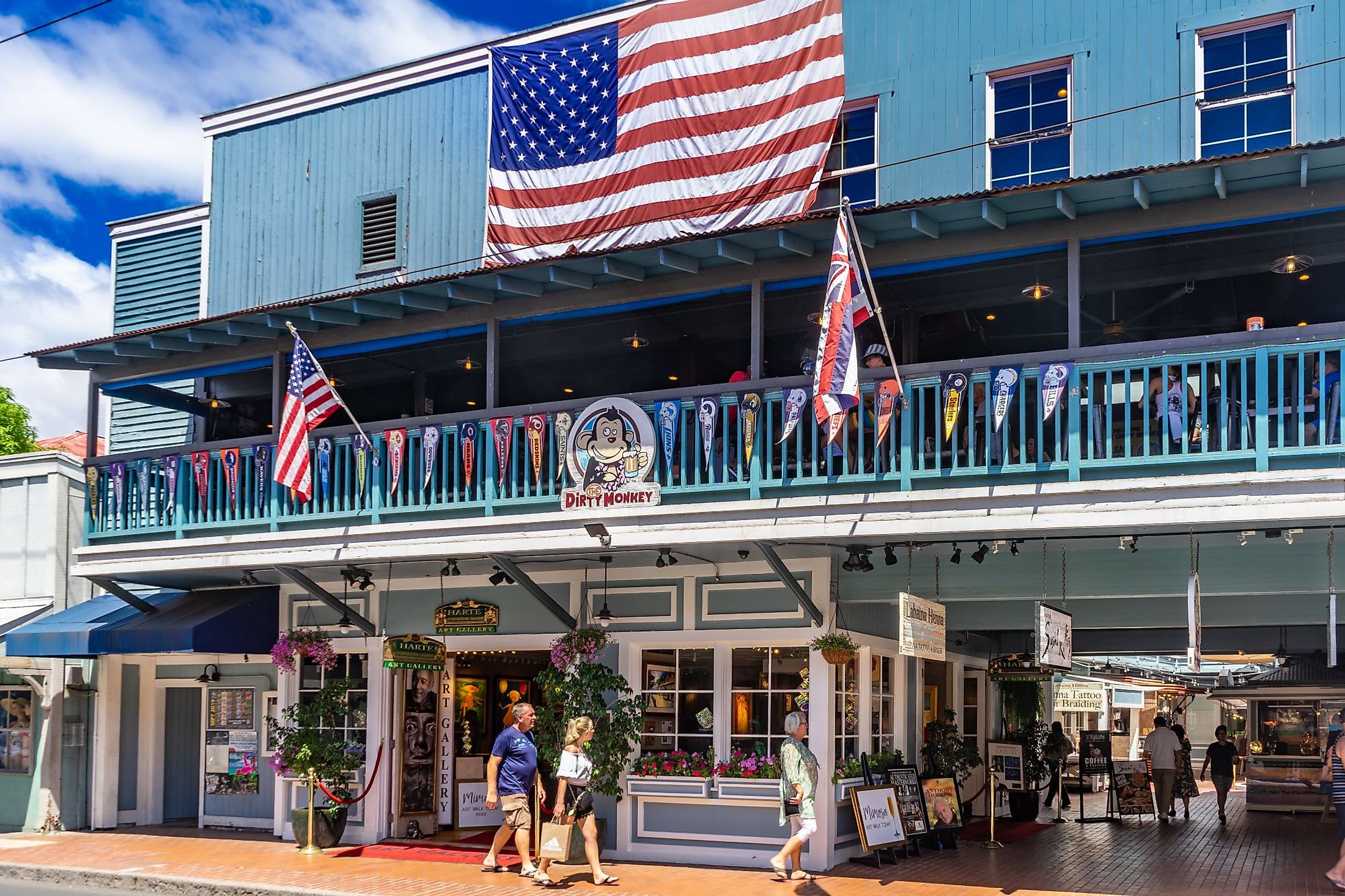 Located on Front Street in the historic town of Lahaina on the island of Maui are many restaurants and retail businesses. Editorial credit: Felipe Sanchez / Shutterstock.com