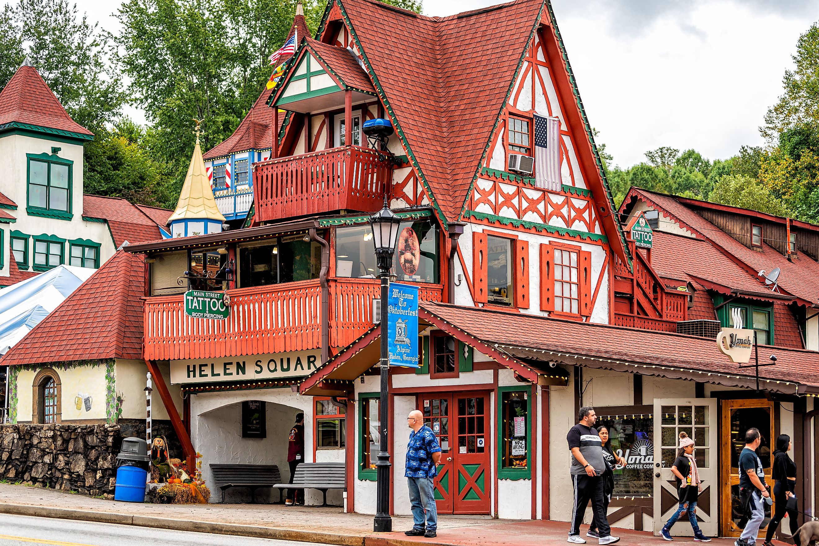 Traditional Bavarian-style building with red roof tiles on Main Street in Helen, Georgia. Editorial credit: Kristi Blokhin / Shutterstock.com