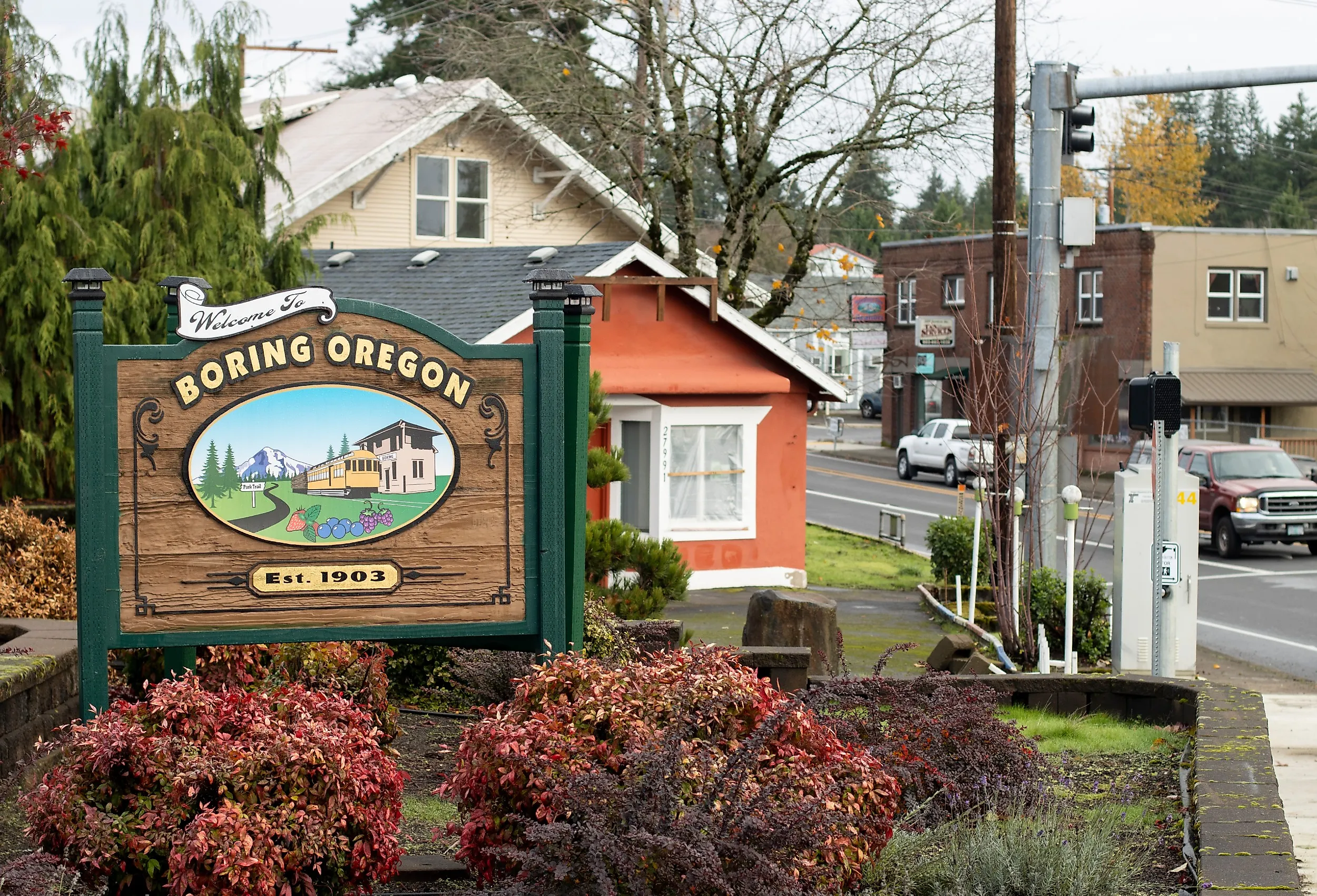 The welcome sign of Boring, Oregon. Image credit Tada Images via Shutterstock