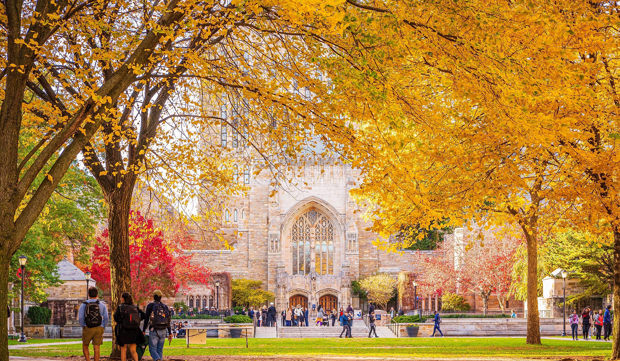 Beautiful fall colors outside Sterling Memorial Library at Yale University. Editorial credit: Winston Tan / Shutterstock.com