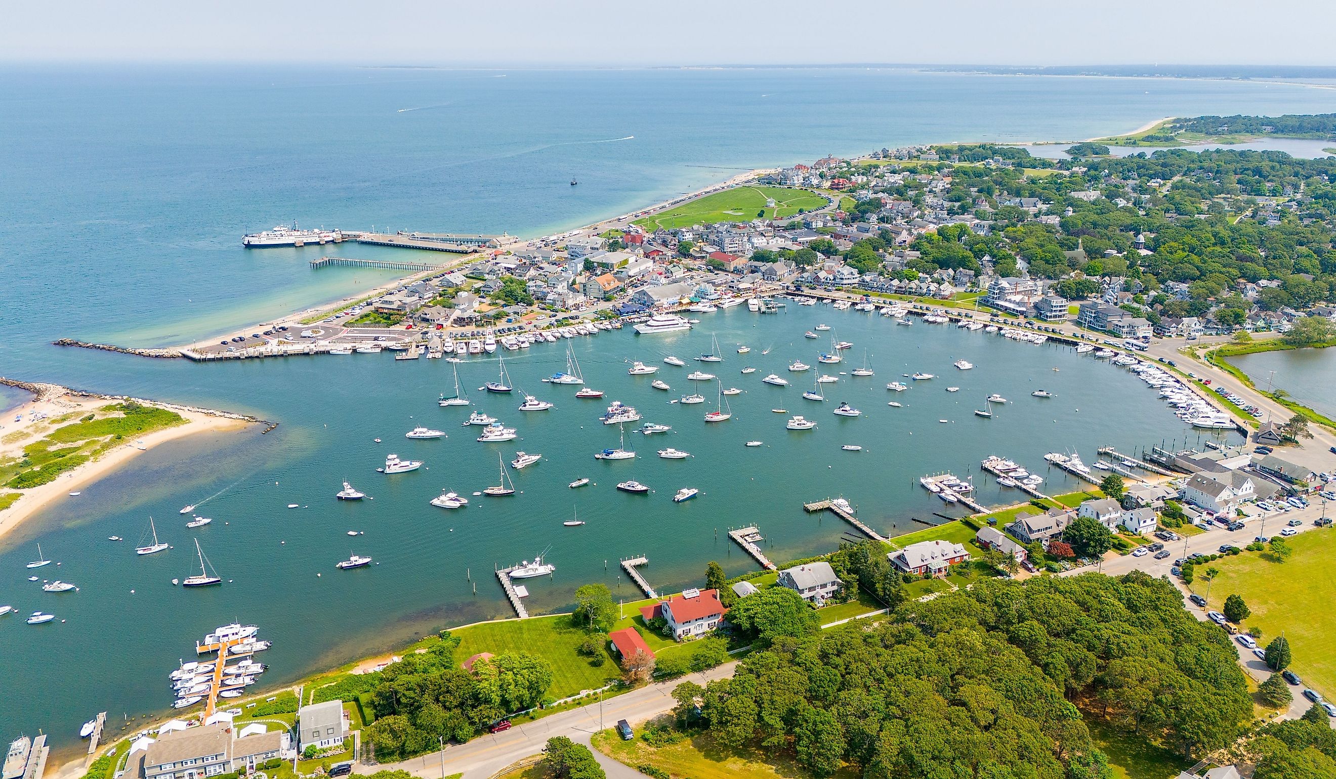 Aerial drone photo Oak Bluffs, Marthas Vineyard, Massachusetts, USA.