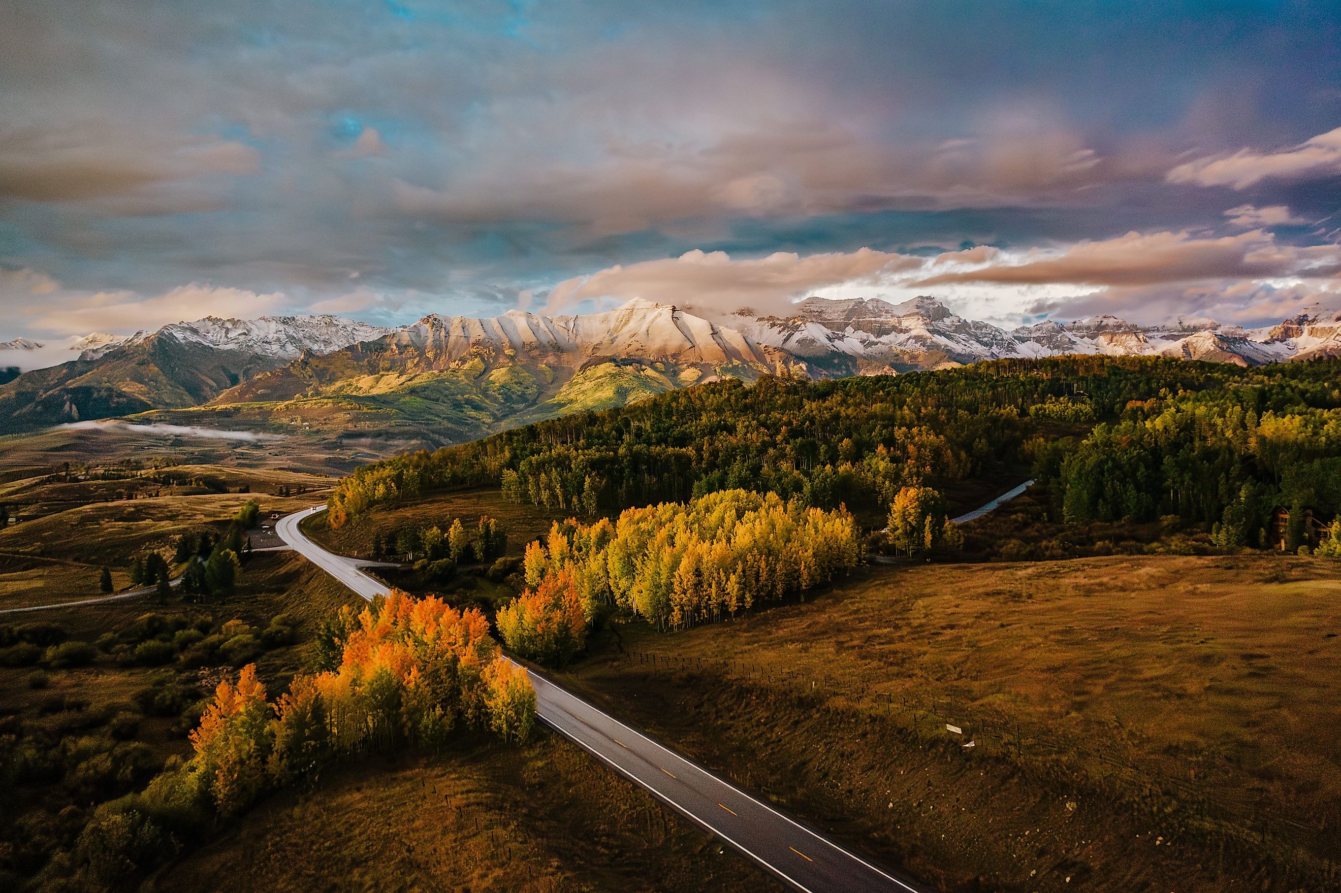 An aerial view of the Telluride Mountains at sunset.