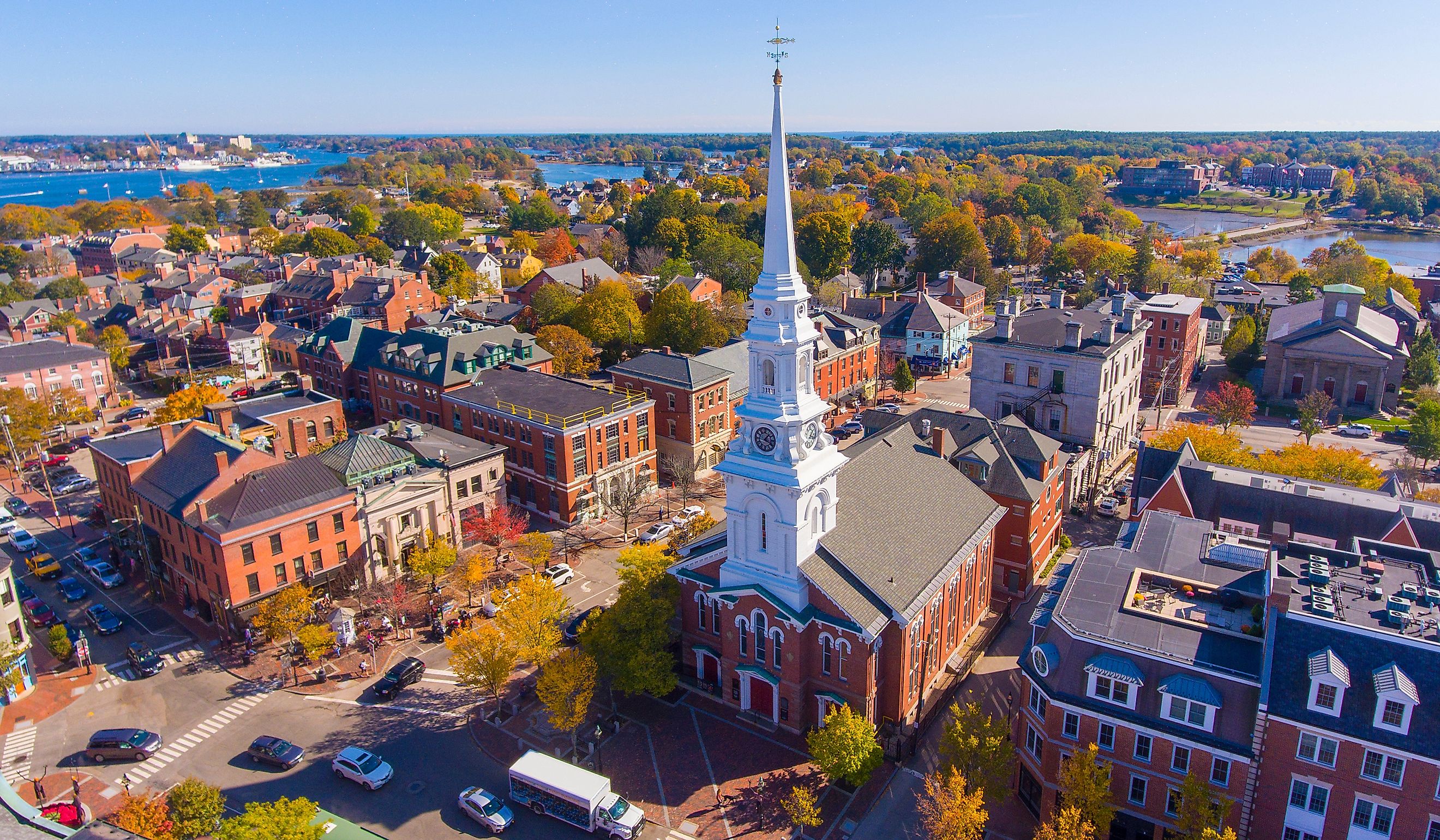 Aerial view of Market Square in Portsmouth, New Hampshire.