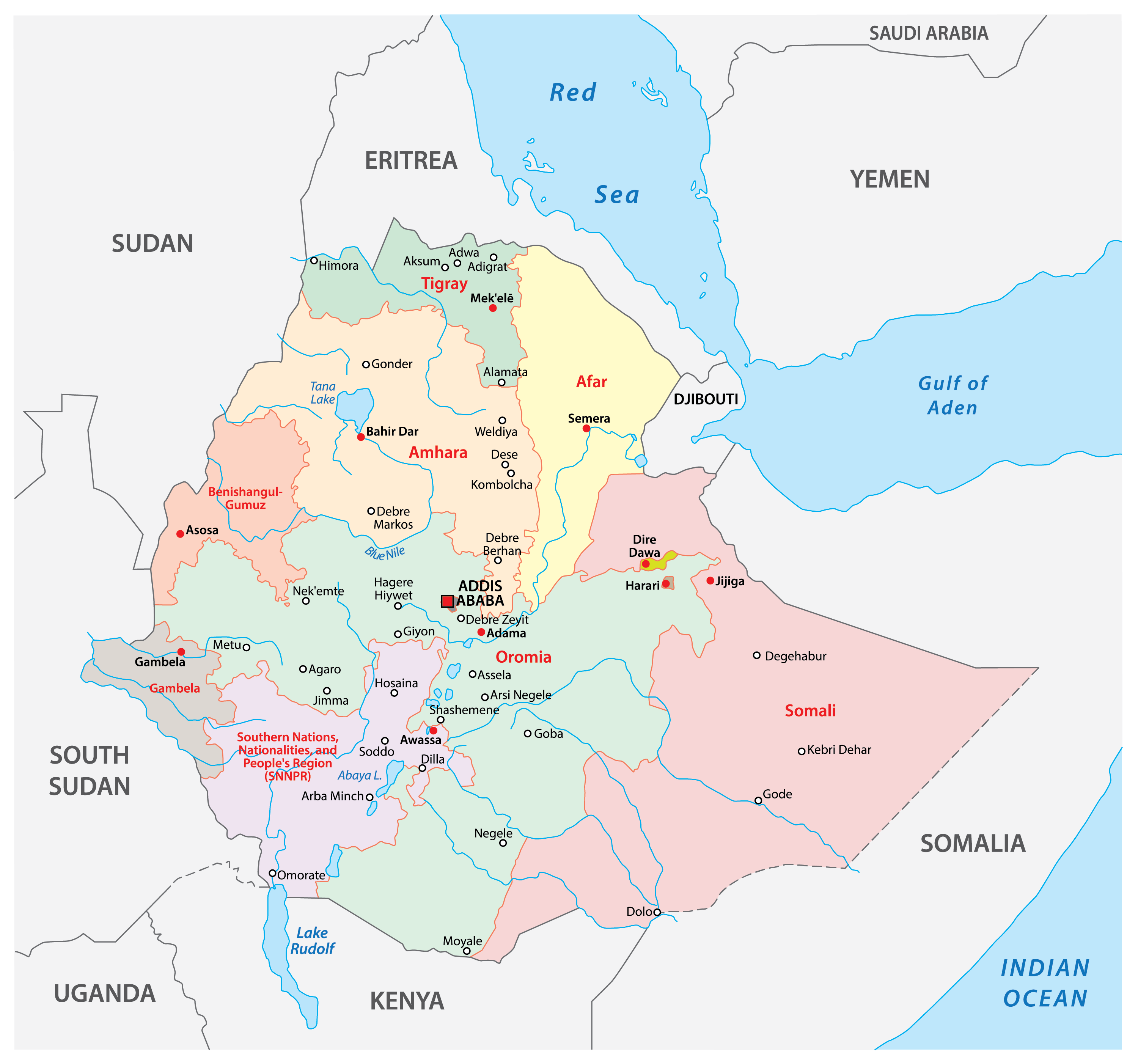 political map of ethiopia with provincial state boundaries
