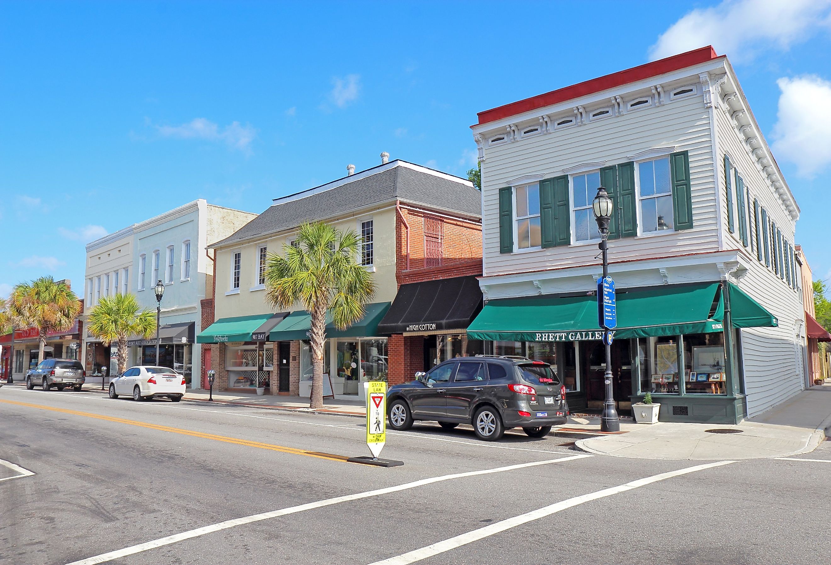 Businesses on Bay Street near the waterfront in the historic district of downtown Beaufort, South Carolina. Image credit Stephen B. Goodwin via Shutterstock