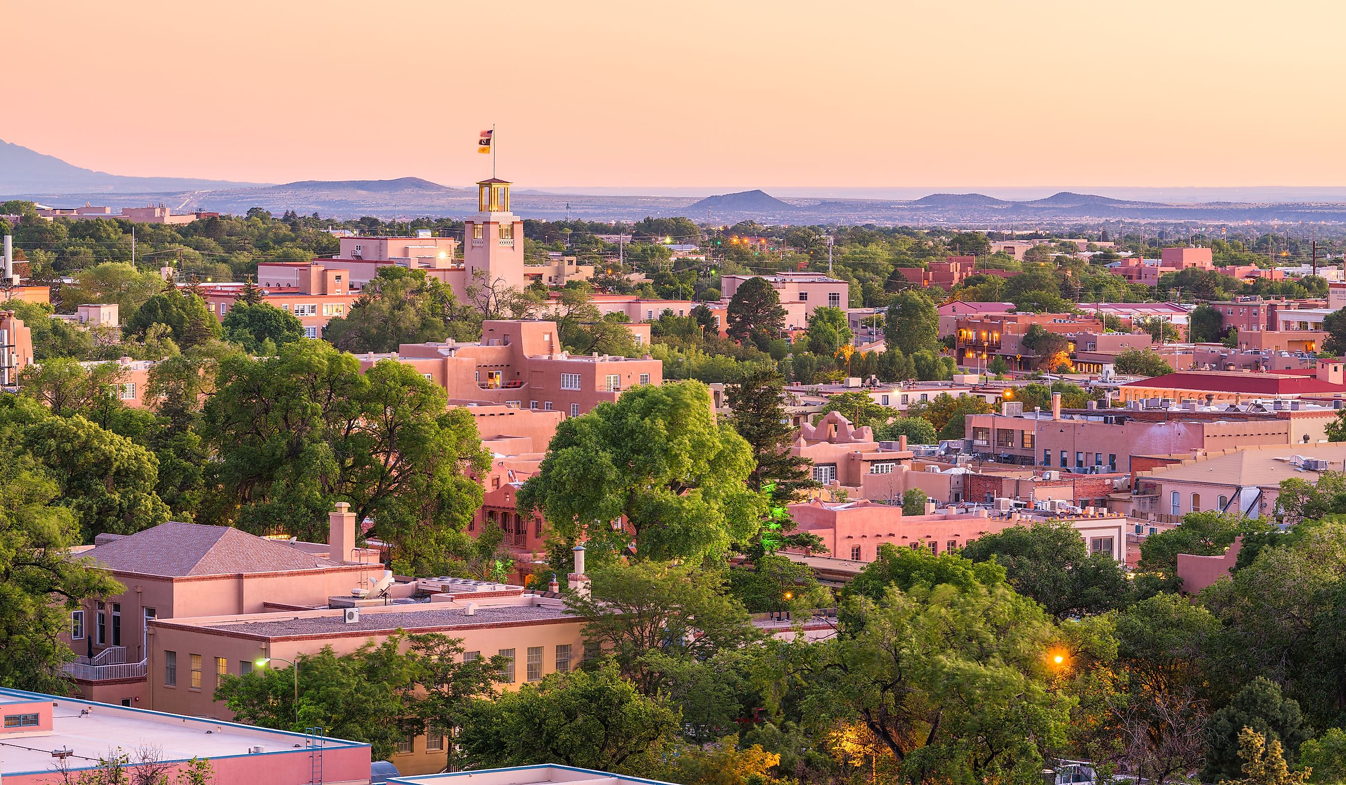 Santa Fe, New Mexico, USA downtown skyline at dusk. 