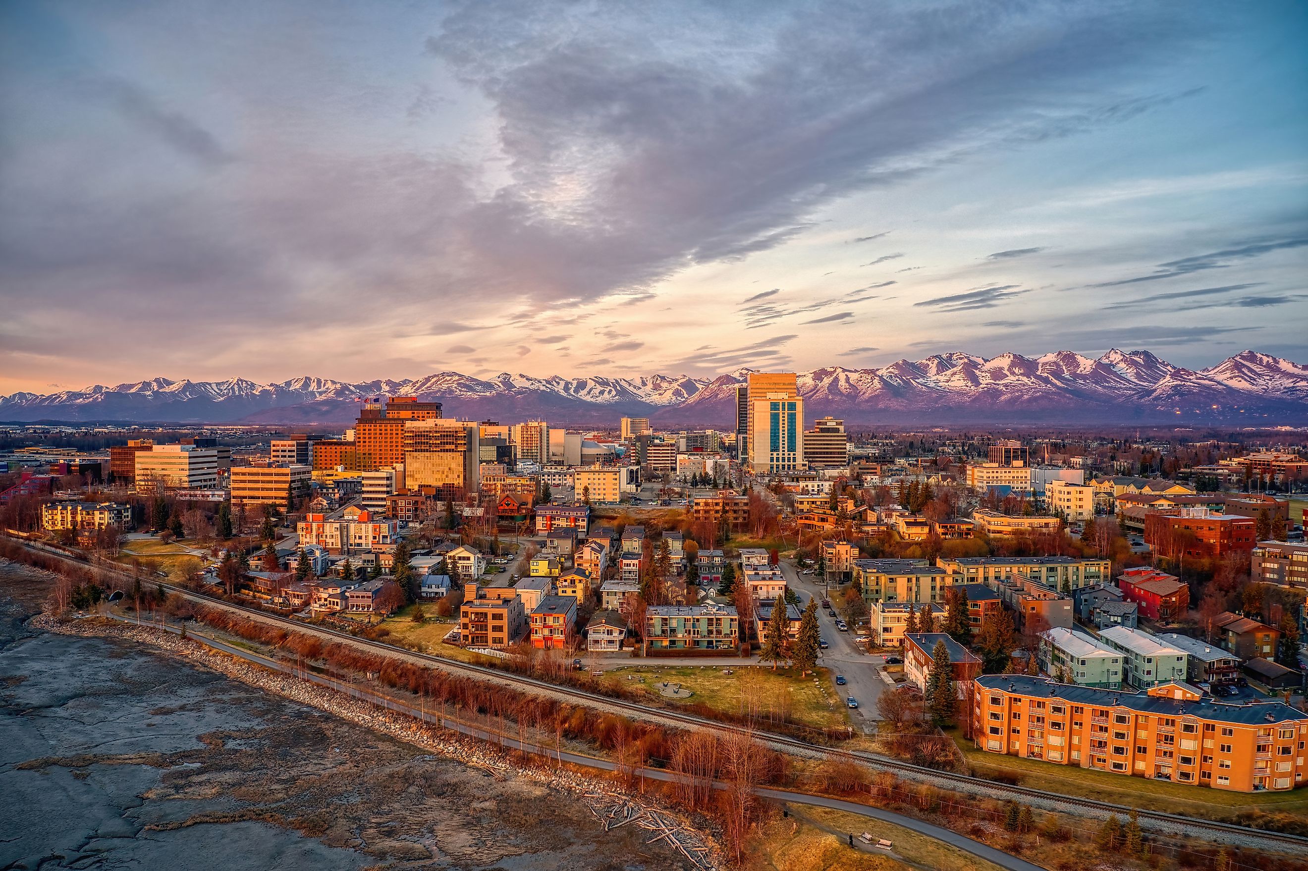 Aerial view of sunset over downtown Anchorage, Alaska, in spring.