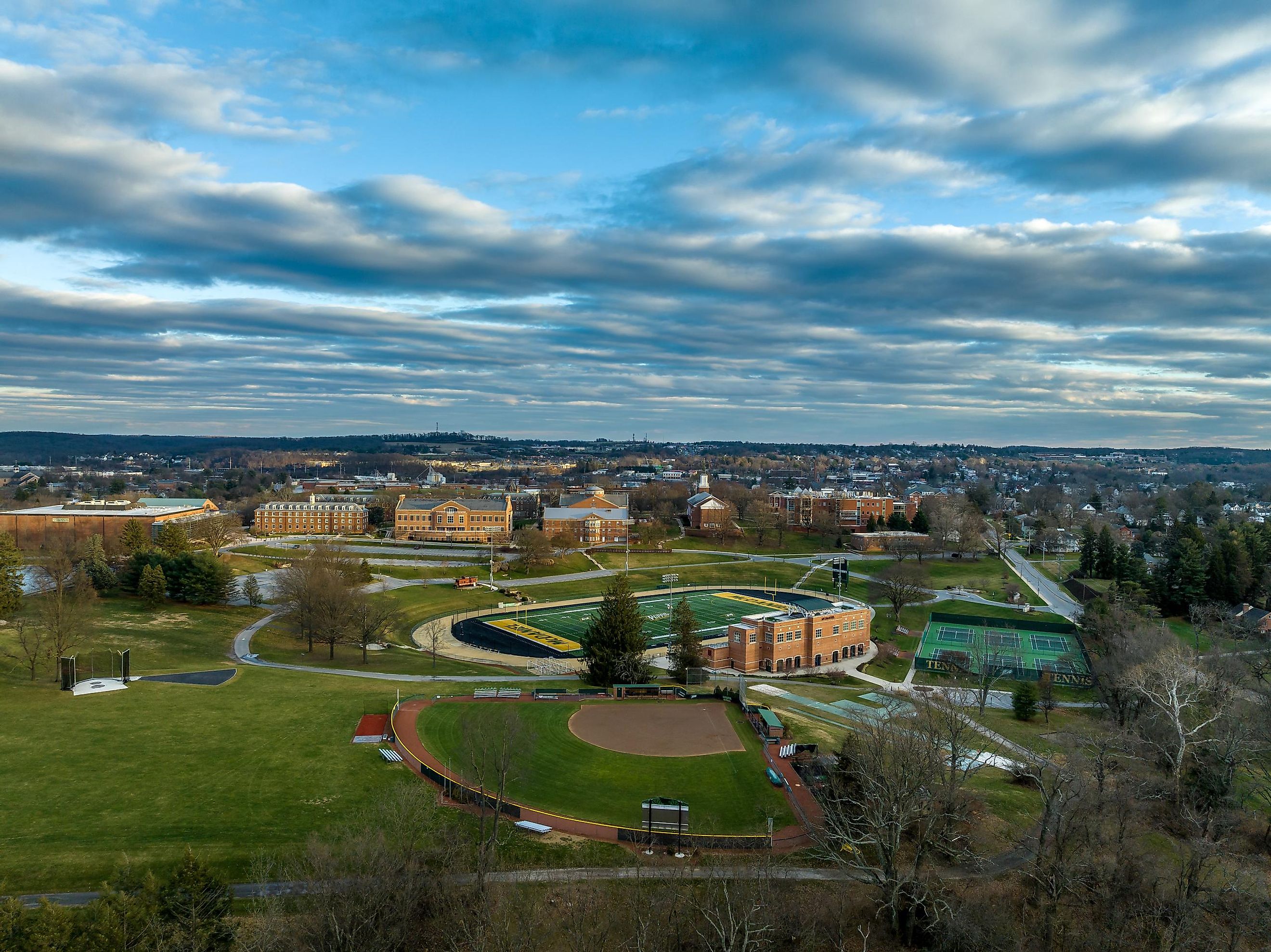 Aerial view of McDaniel college a private school in Westminster Maryland