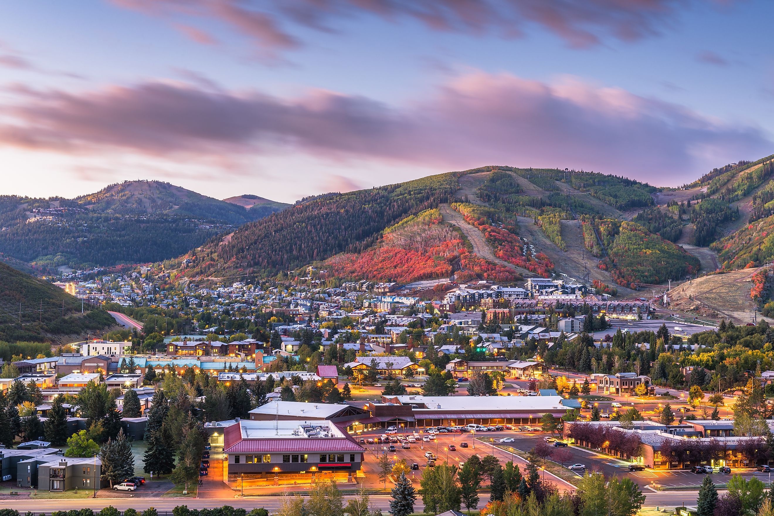View of the scenic town of Park City, Utah during an autumn evening.