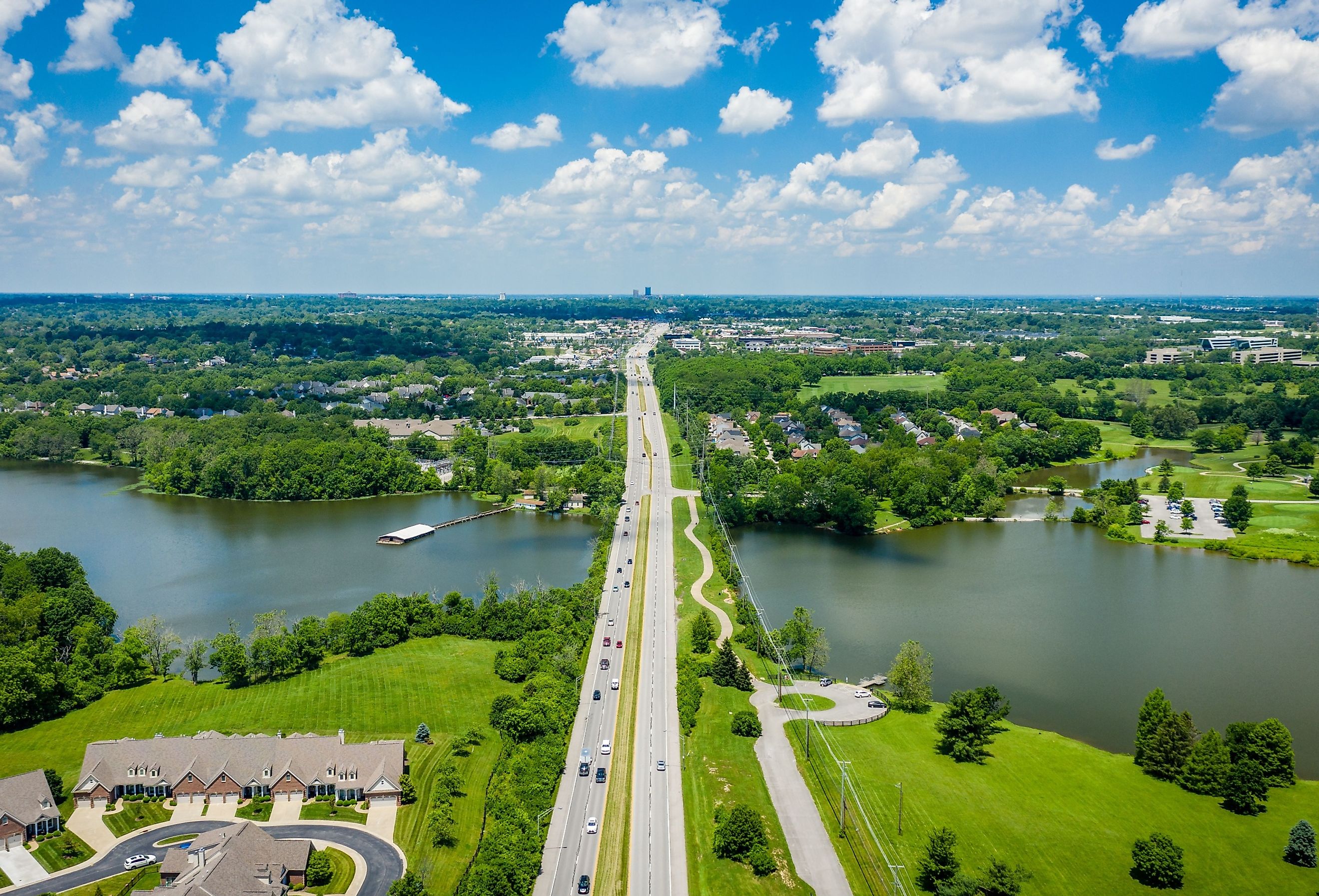 Aerial view of Jacobson Park Lake and Richmond Road in Lexington, Kentucky.