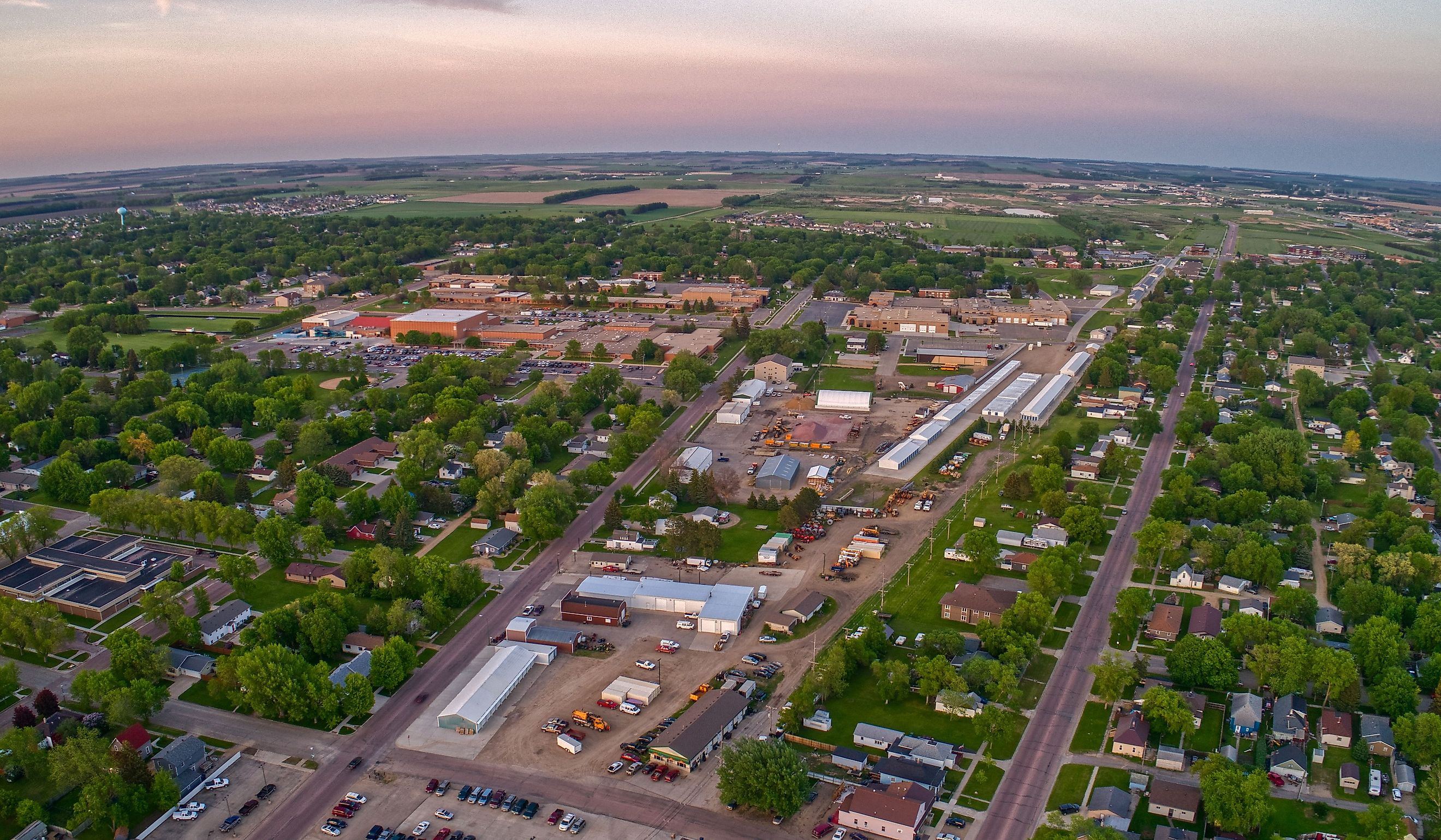 Aerial View of Watertown, South Dakota, during a Summer Sunset.