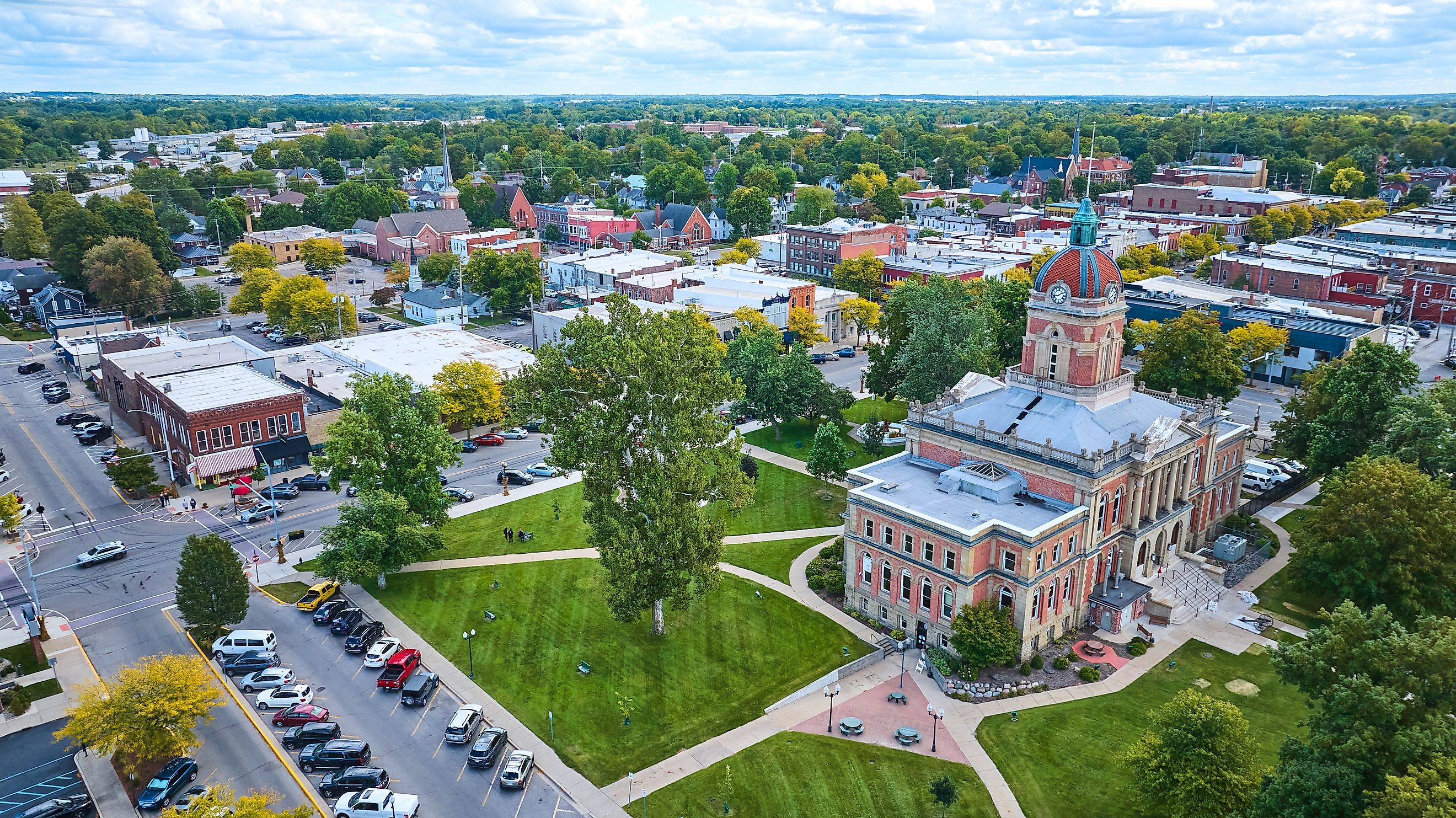 Aerial view of the Elkhart County Courthouse and other buildings in Goshen, Indiana.