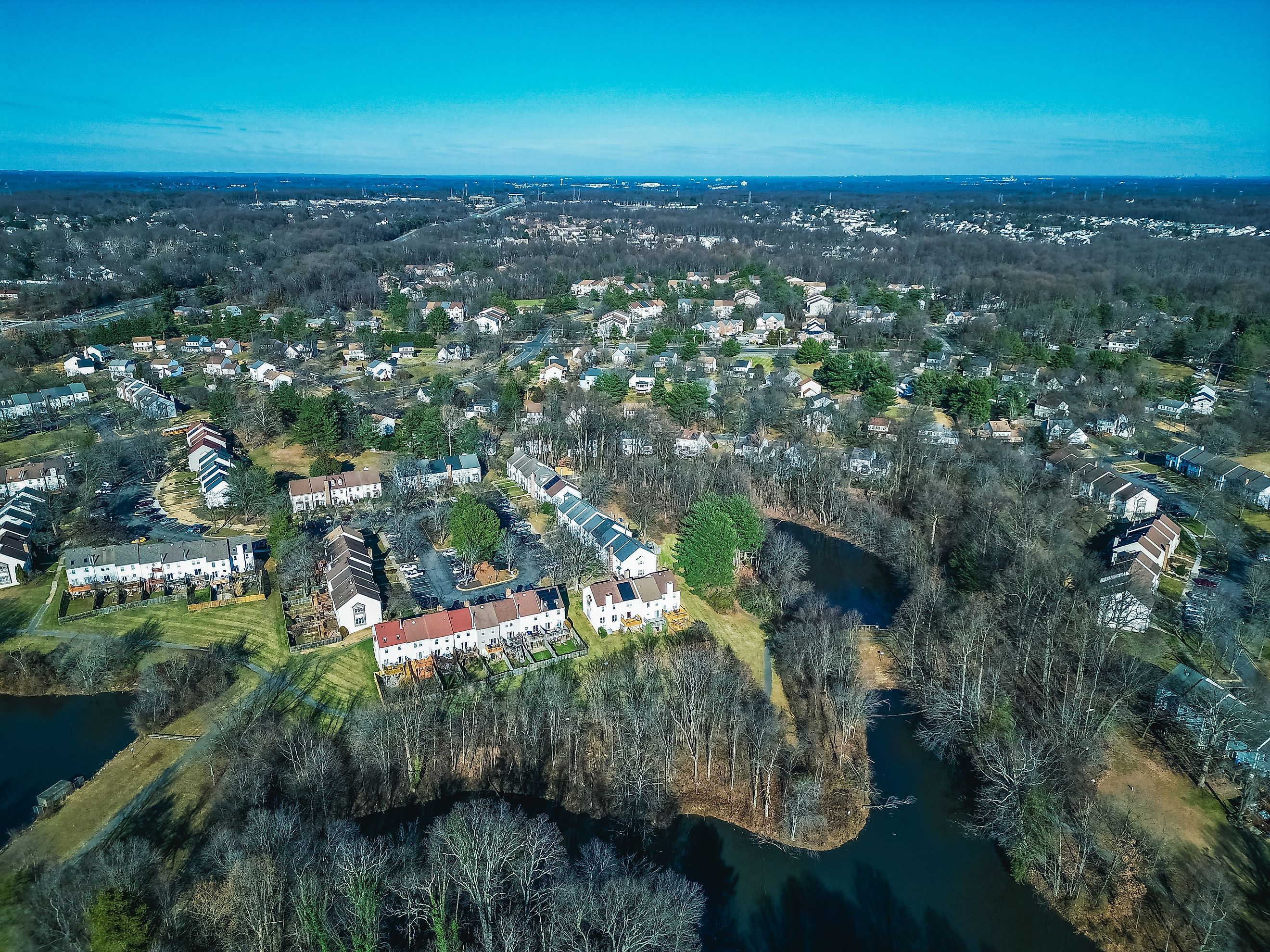 Aerial view of suburban Maryland, Montgomery county.