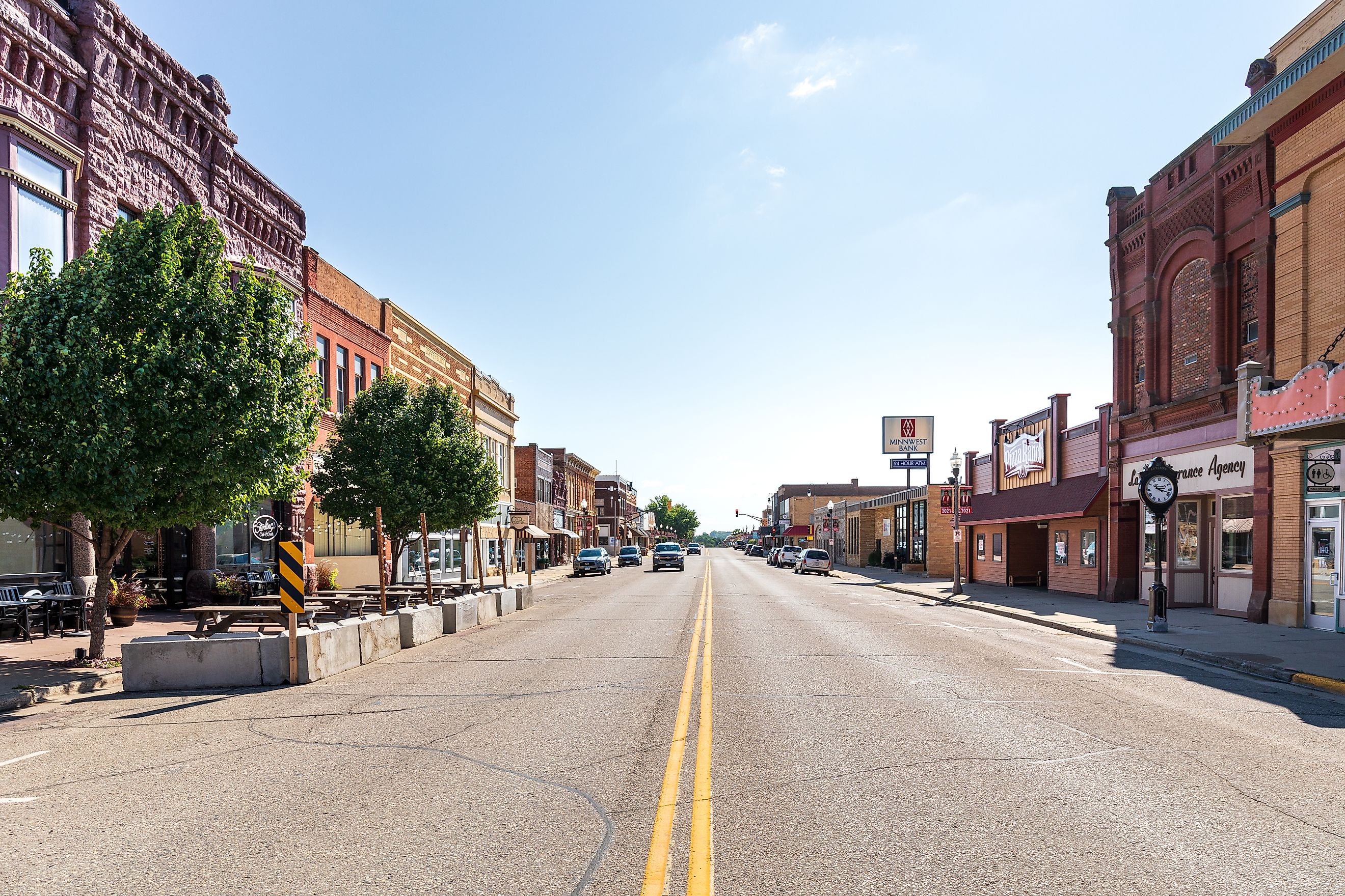 Wide angle view of Main Street in Luverne, Minnesota. Editorial credit: J. Michael Jones / Shutterstock.com