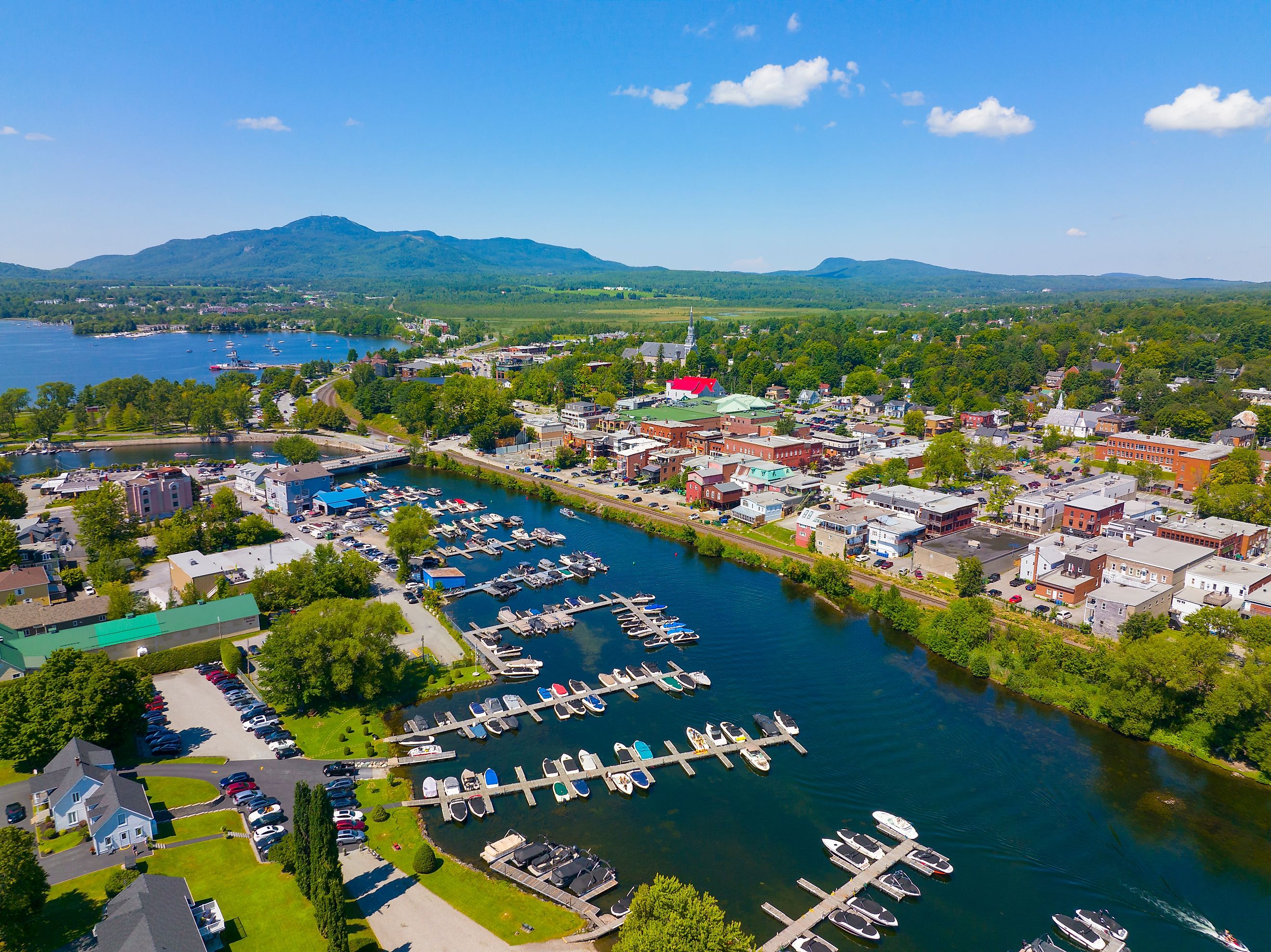 Aerial view Magog, Quebec at the mouth of Magog River to Lake Memphremagog